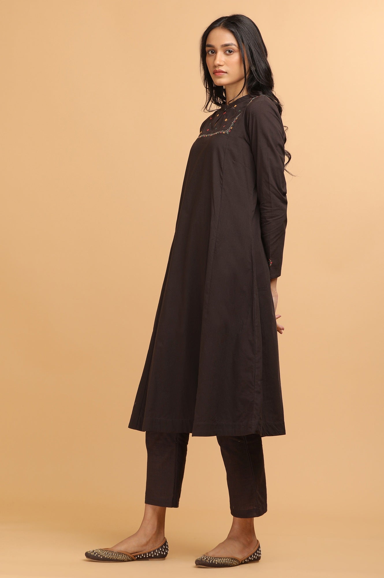 Dark Brown Panelled kurta in Kutch embroidery