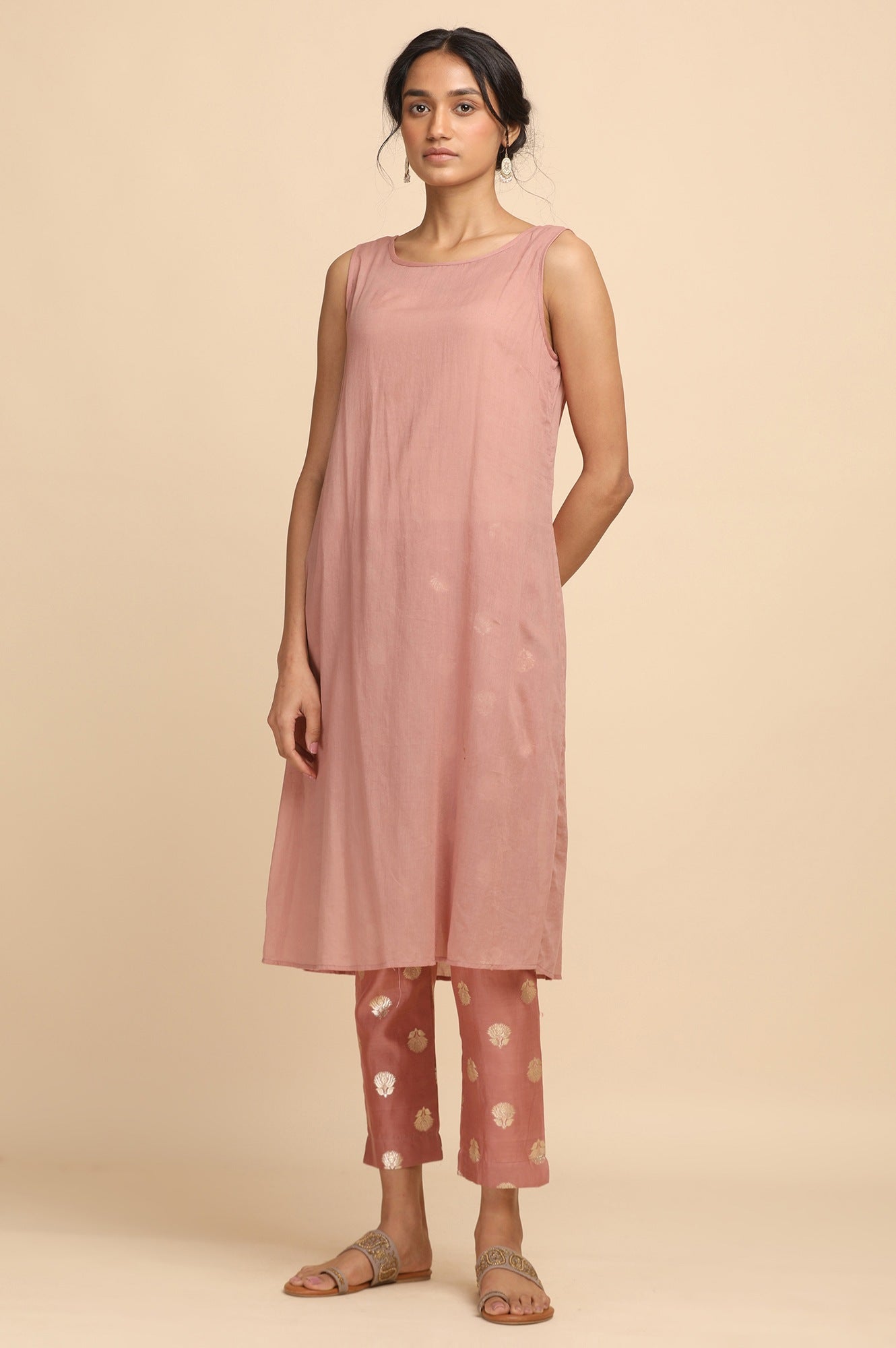 Dusty Pink Pleated kurta in Cotton Silk