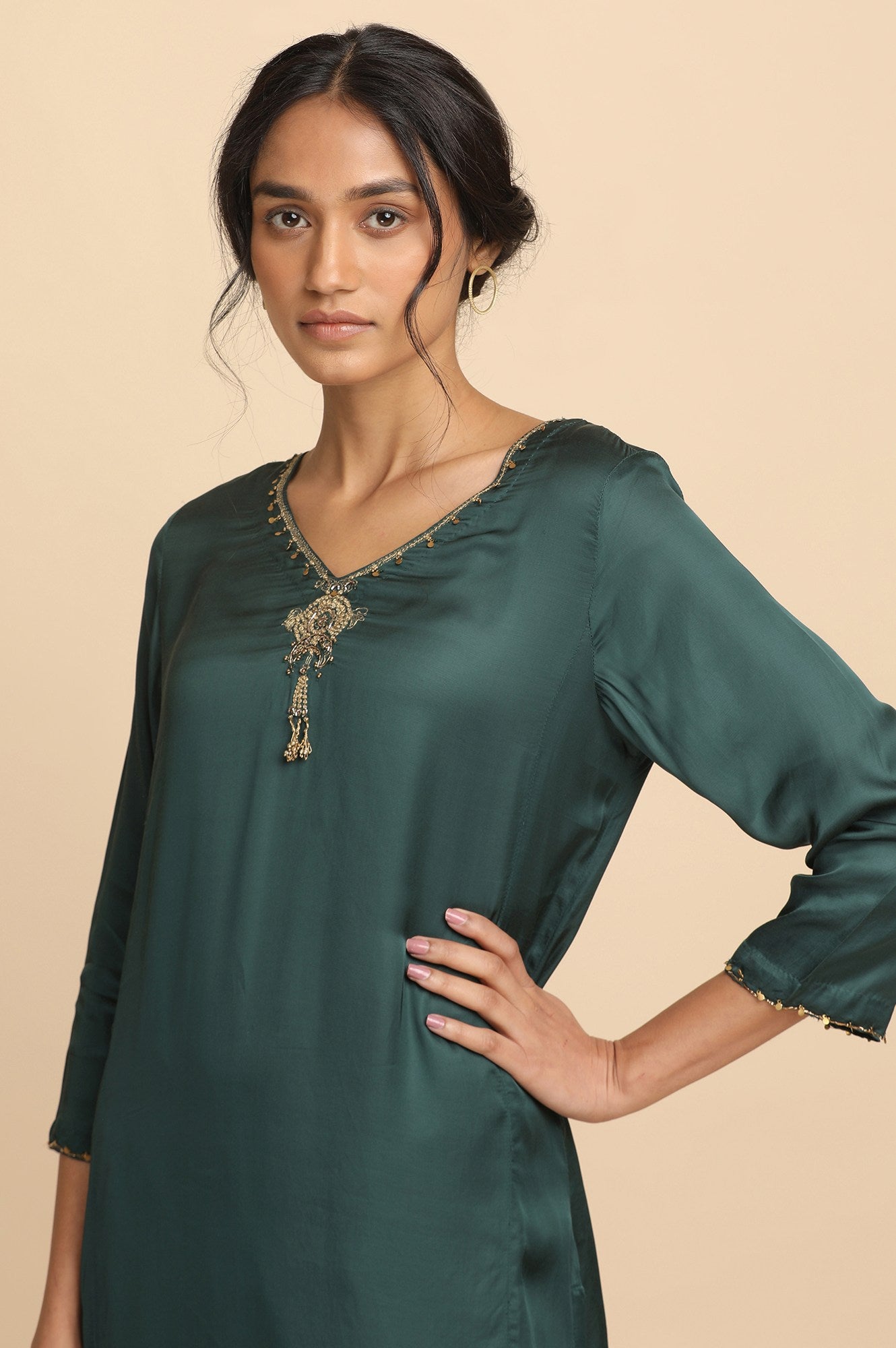 Teal Solid kurta in lustrous Modal Satin