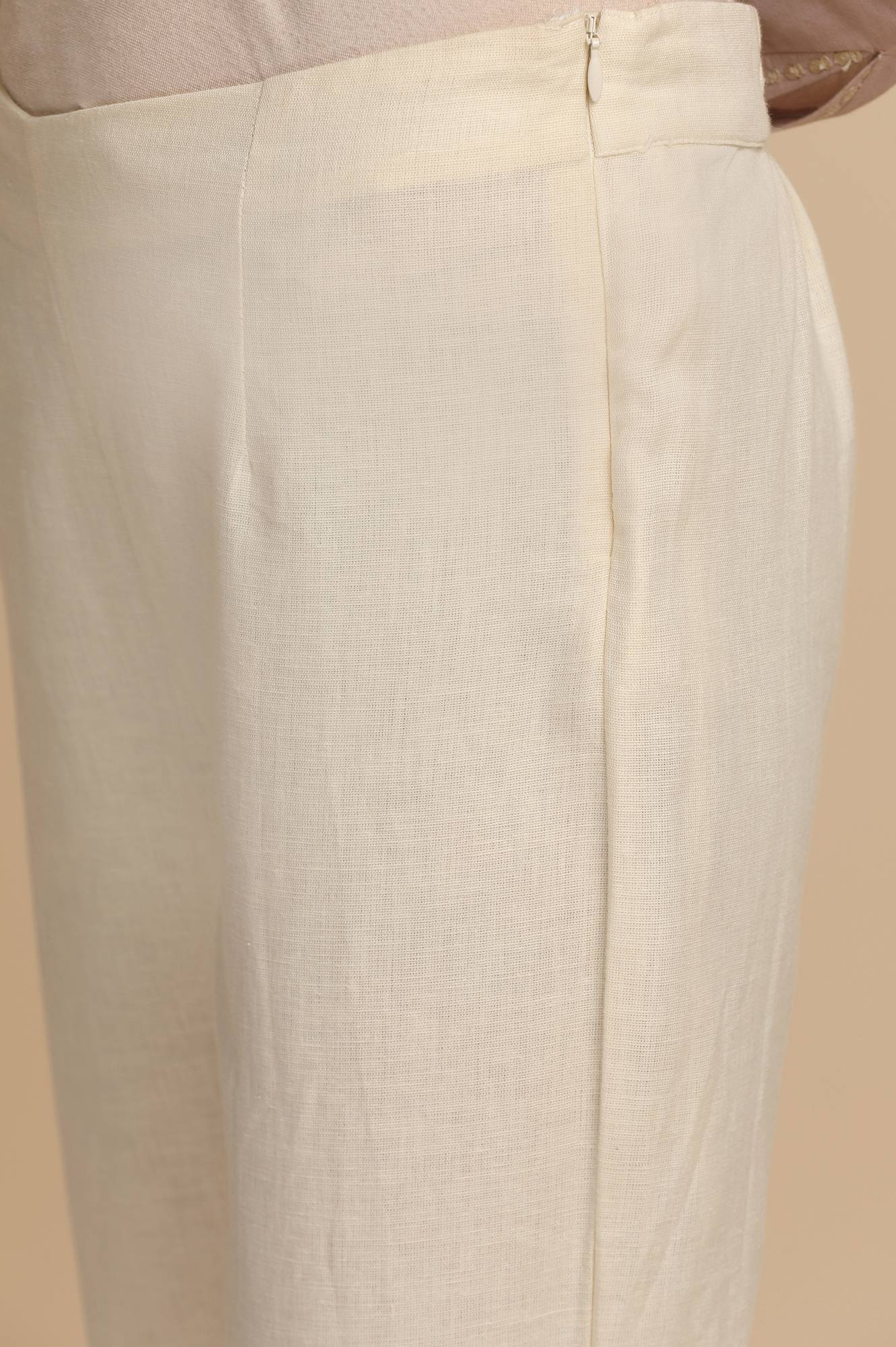 Ecru Solid Cotton Slim Pants