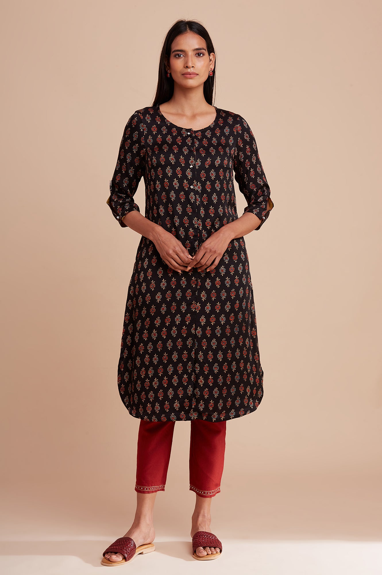 Brown Ajrakh Print Mid-Length kurta