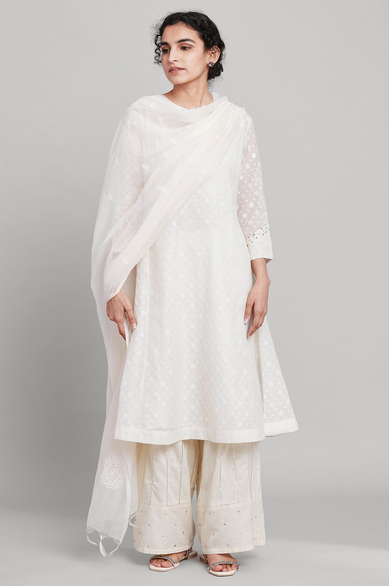 Ecru Flared Booti Jacquard kurta