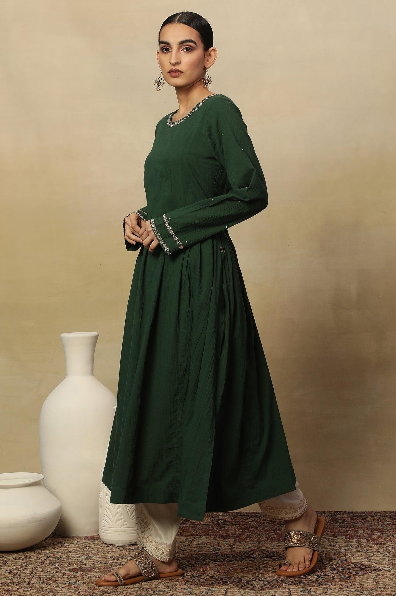 Dark Green Long Line Pleated Kurta In Soft Voile - wforwoman