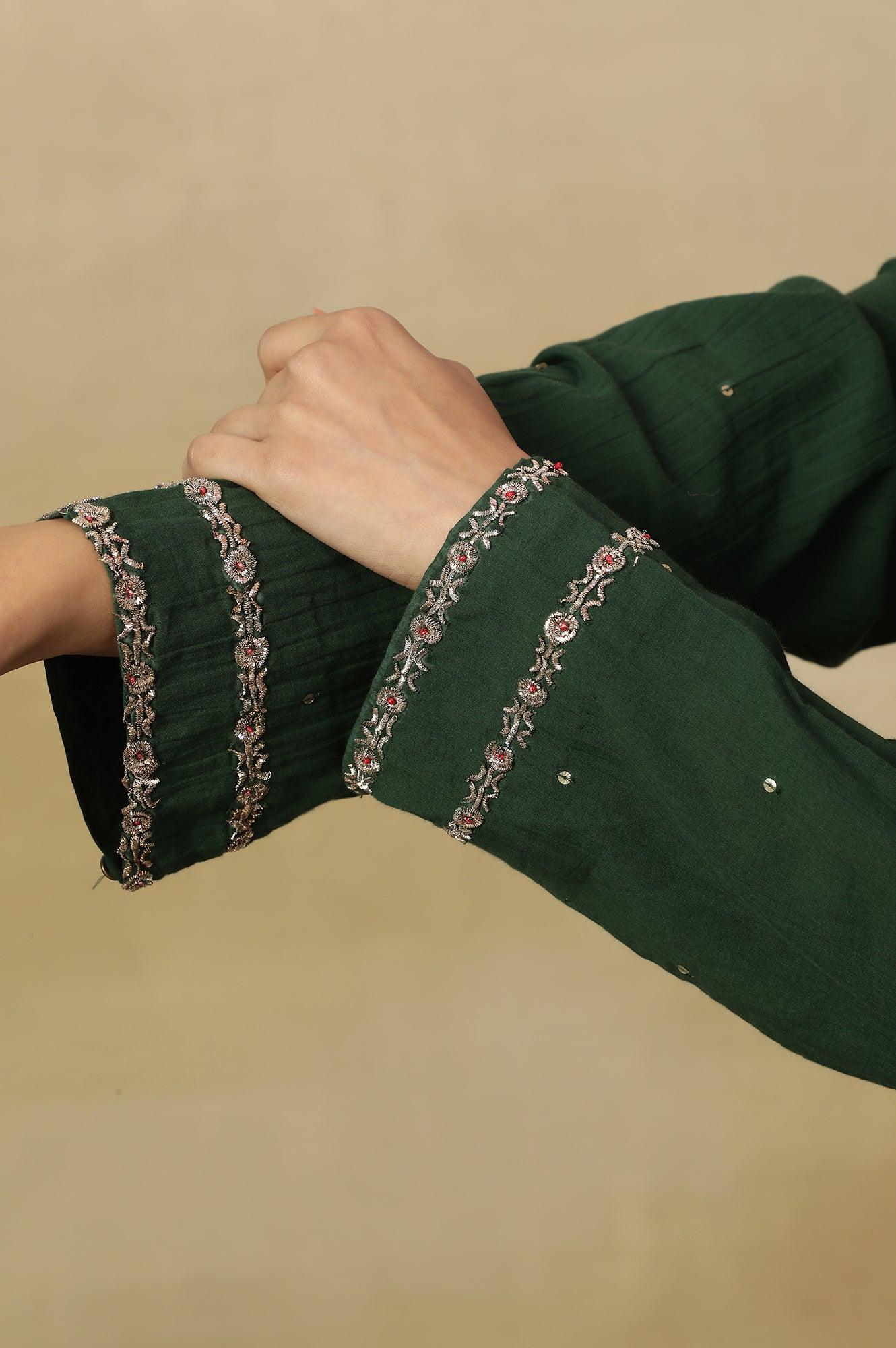 Dark Green Long Line Pleated Kurta In Soft Voile - wforwoman