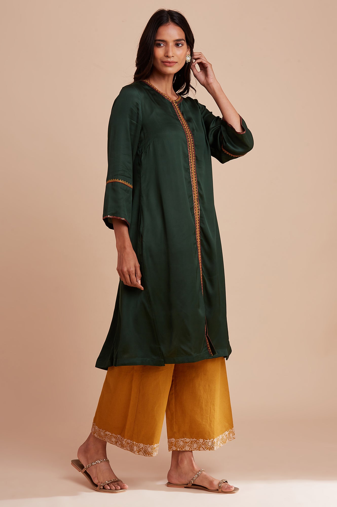 Dark Green Modal Satin Embroidered kurta