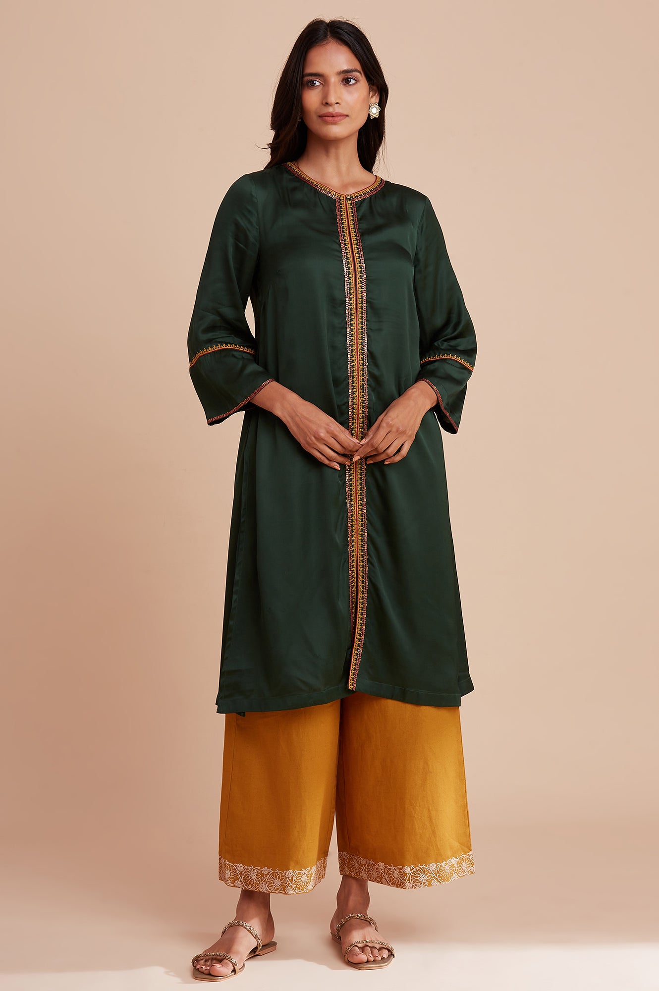 Dark Green Modal Satin Embroidered kurta