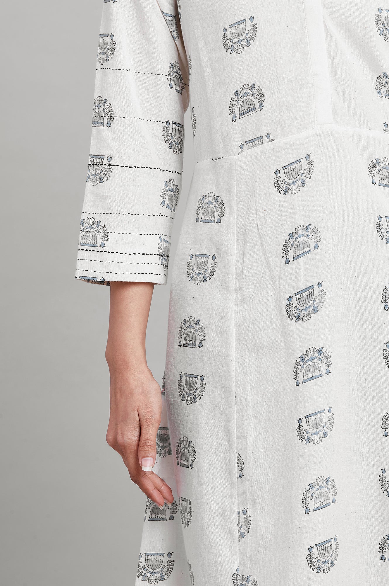 Ecru Panelled kurta in Hand Block Print