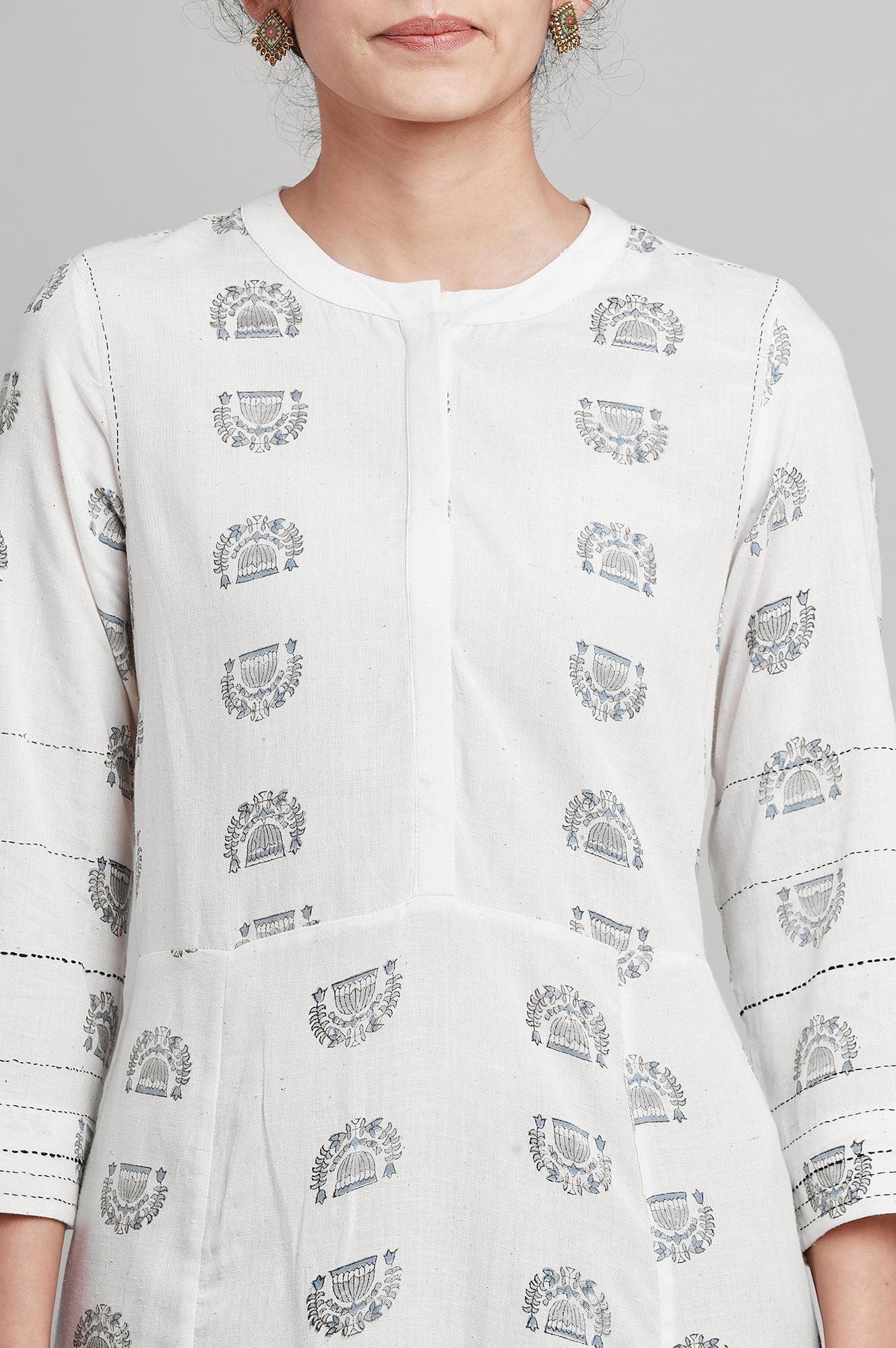 Ecru Panelled kurta in Hand Block Print
