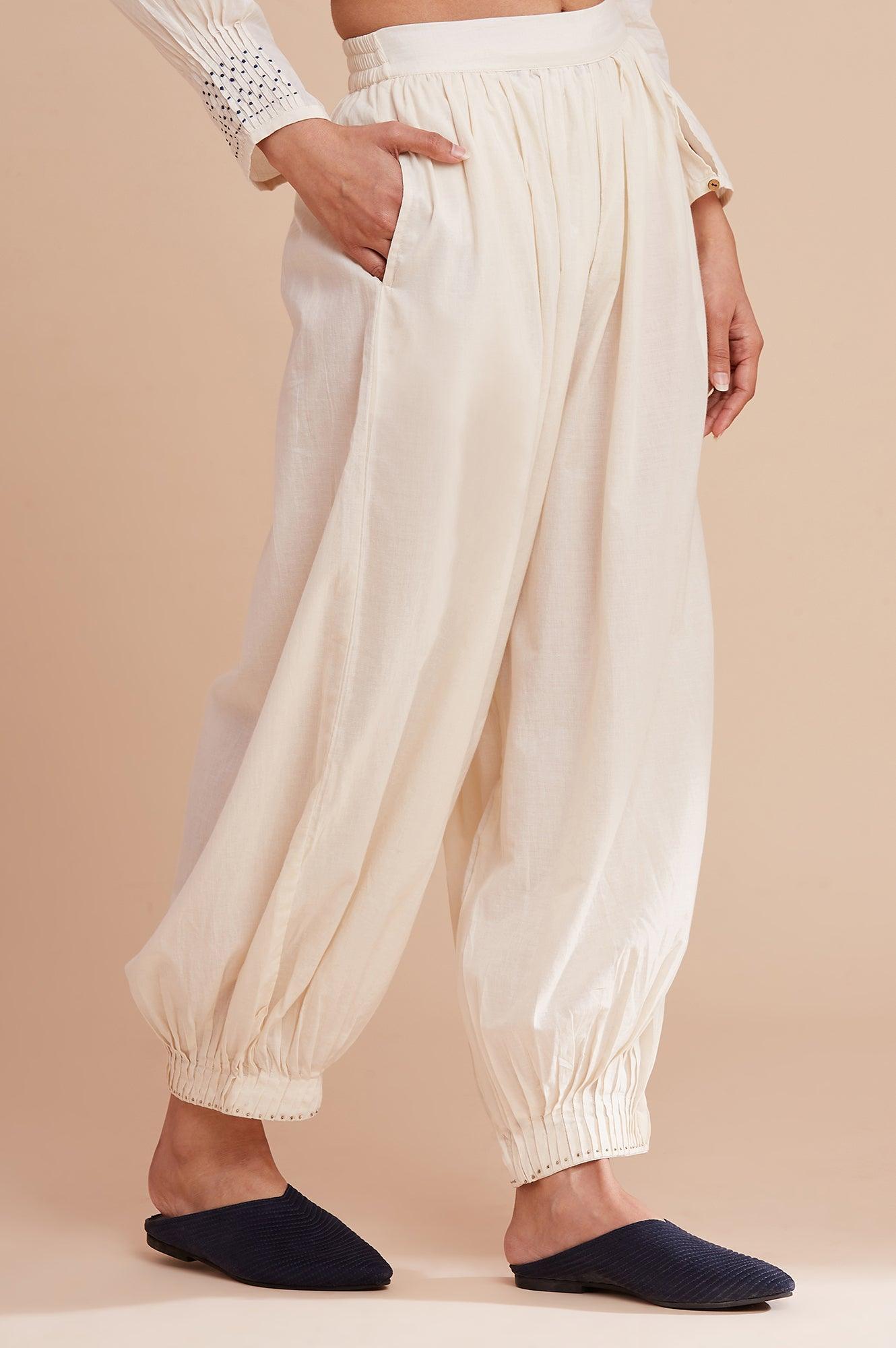 Ecru Solid Hem Cuffed Salwar Pants - wforwoman