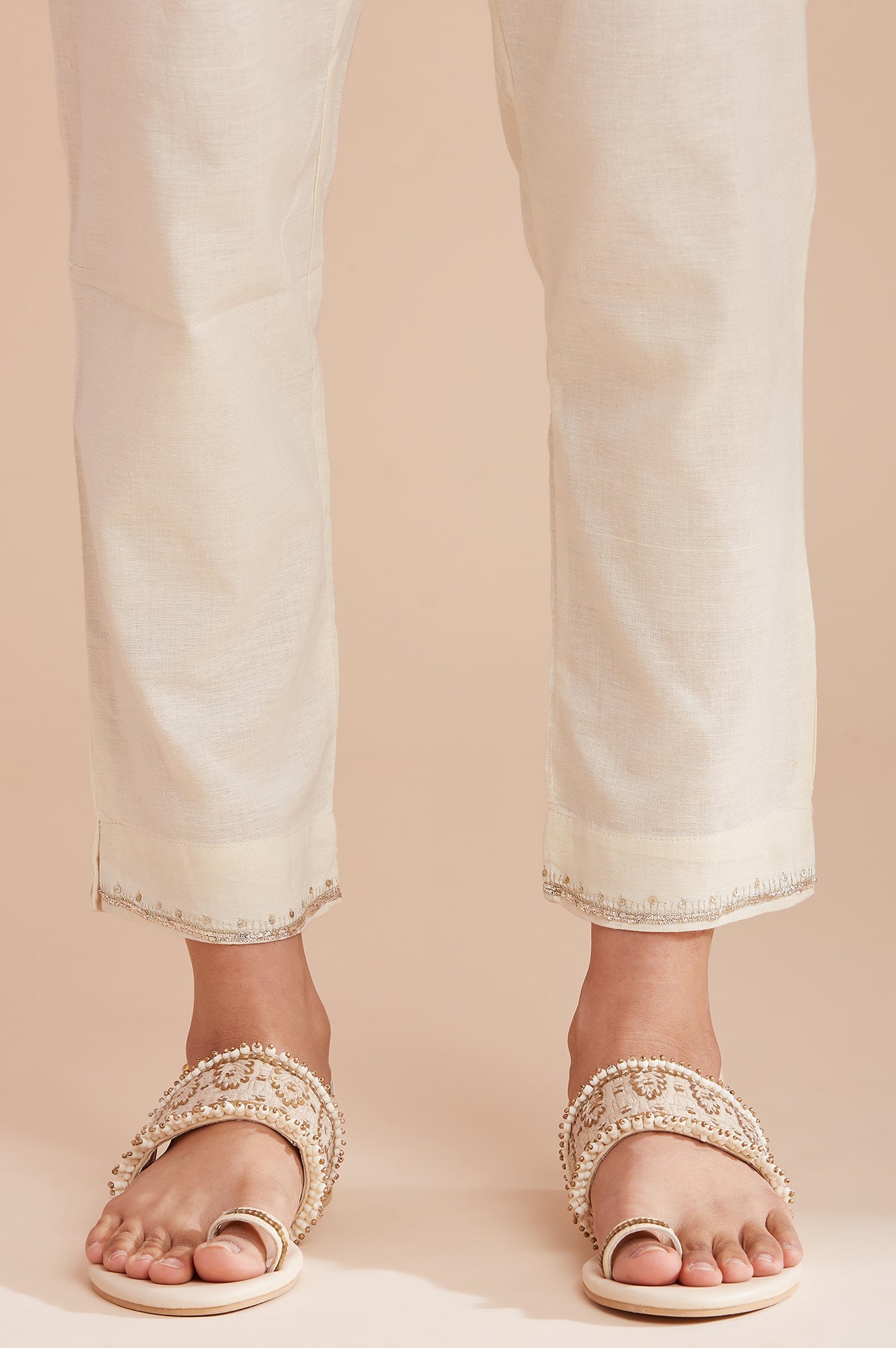 Ecru Solid Harit Khadi Slim Pants