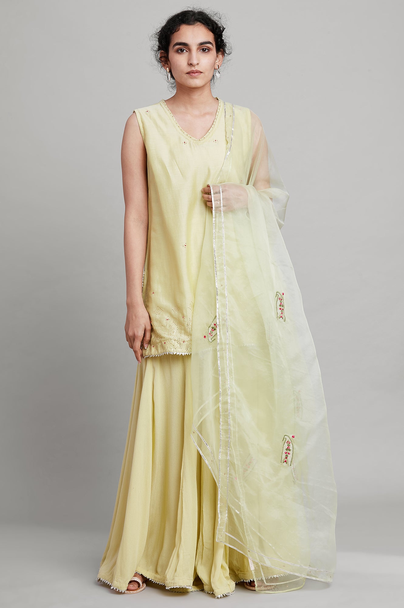 Light Green Short kurta-Light Green Sharara-Dupatta Set