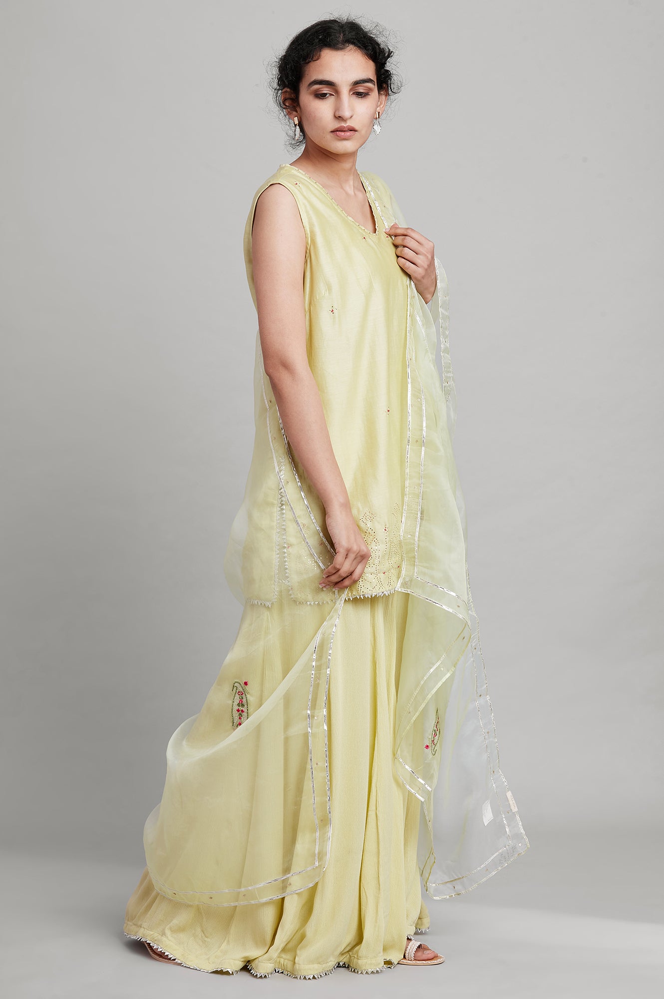 Light Green Short kurta-Light Green Sharara-Dupatta Set