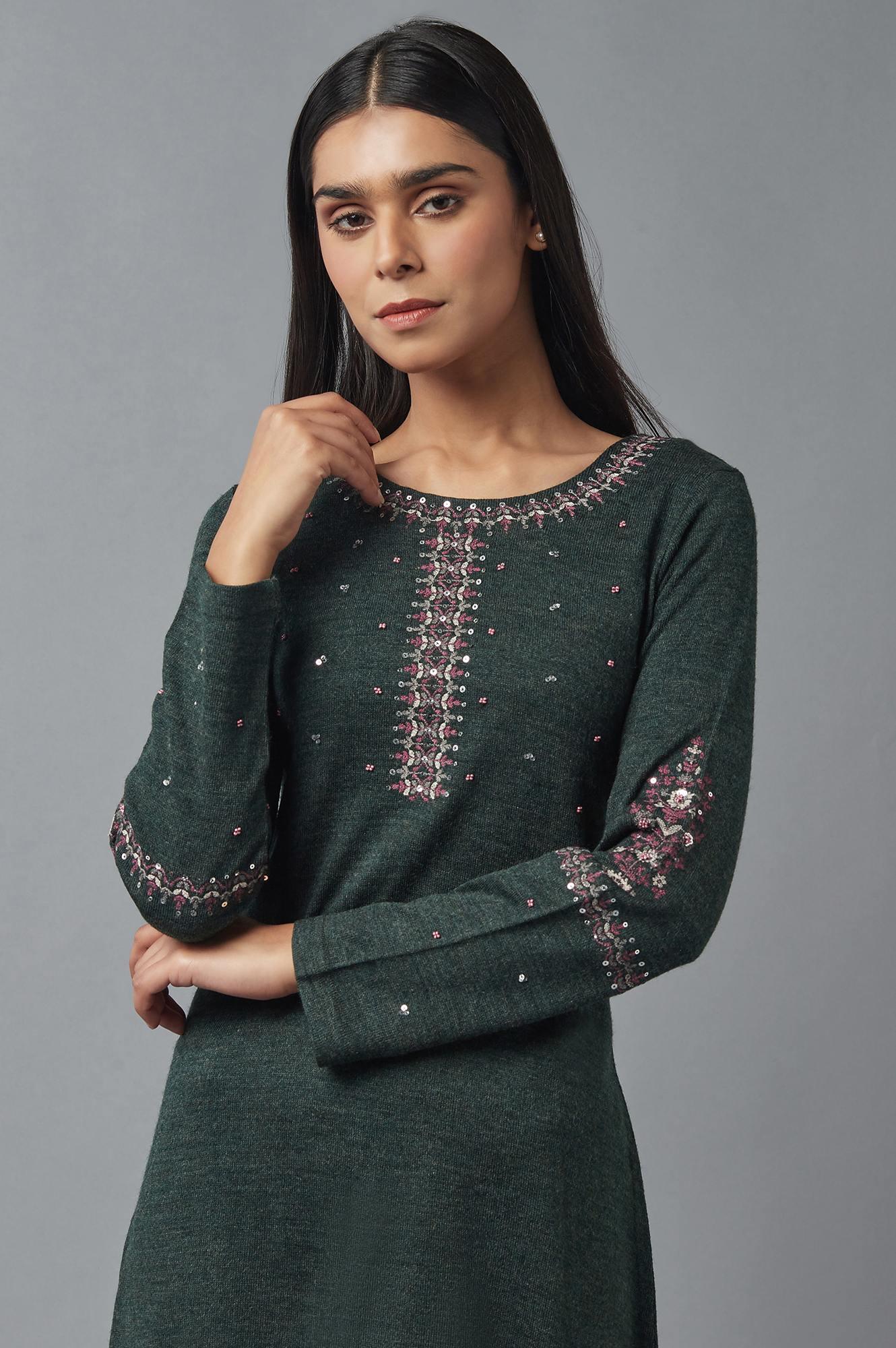 Slate Grey Embroidered Winter kurta - wforwoman