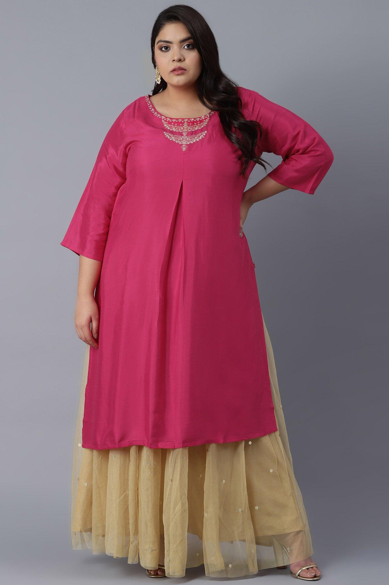 Dark Pink Shantung kurta in Metallic Embroidery - wforwoman