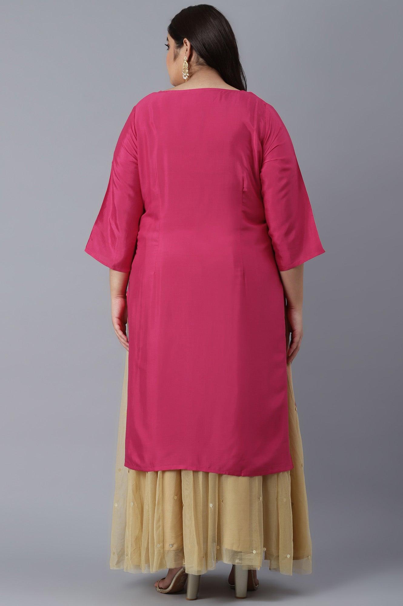 Dark Pink Shantung kurta in Metallic Embroidery - wforwoman