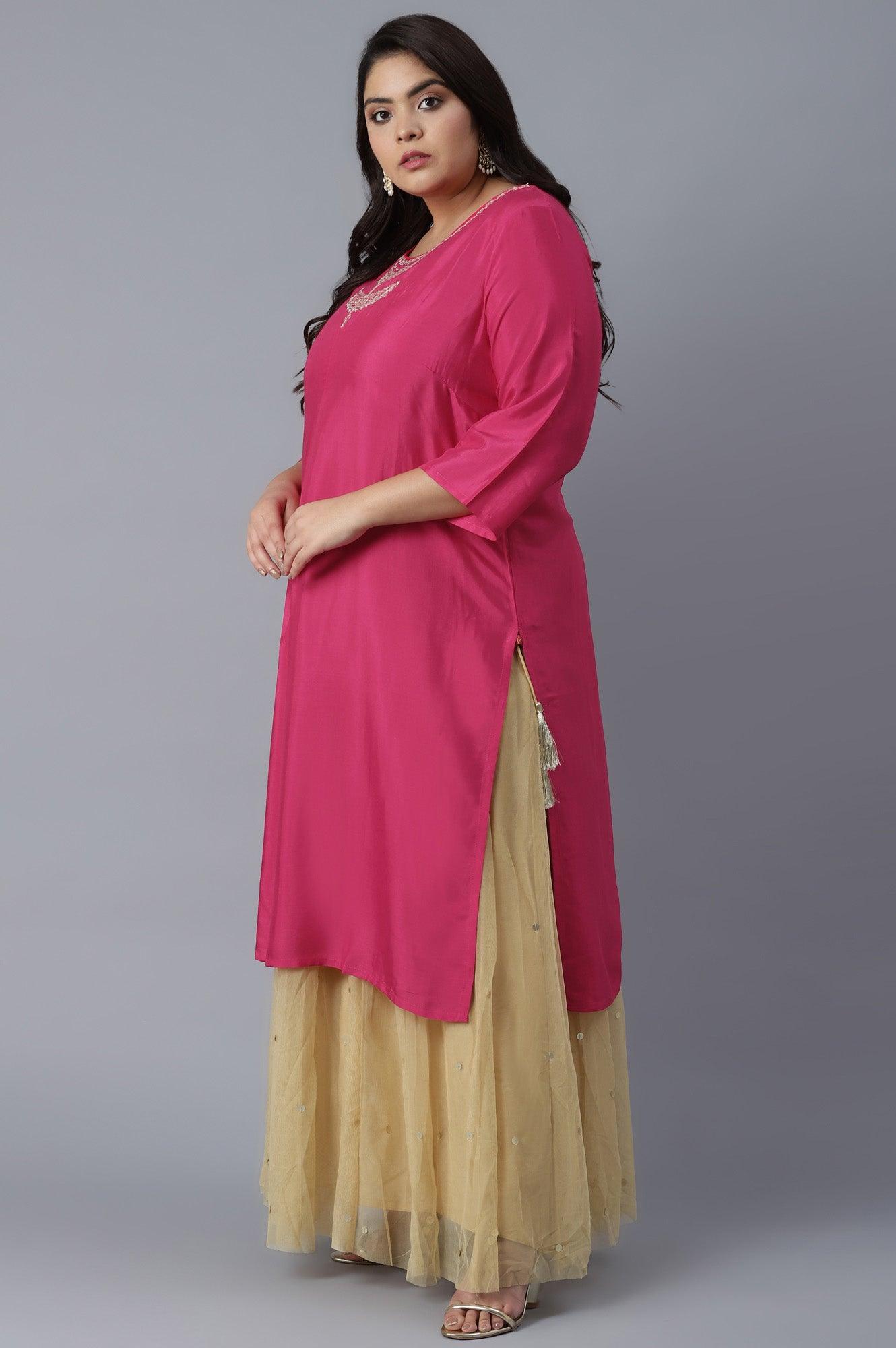 Dark Pink Shantung kurta in Metallic Embroidery - wforwoman