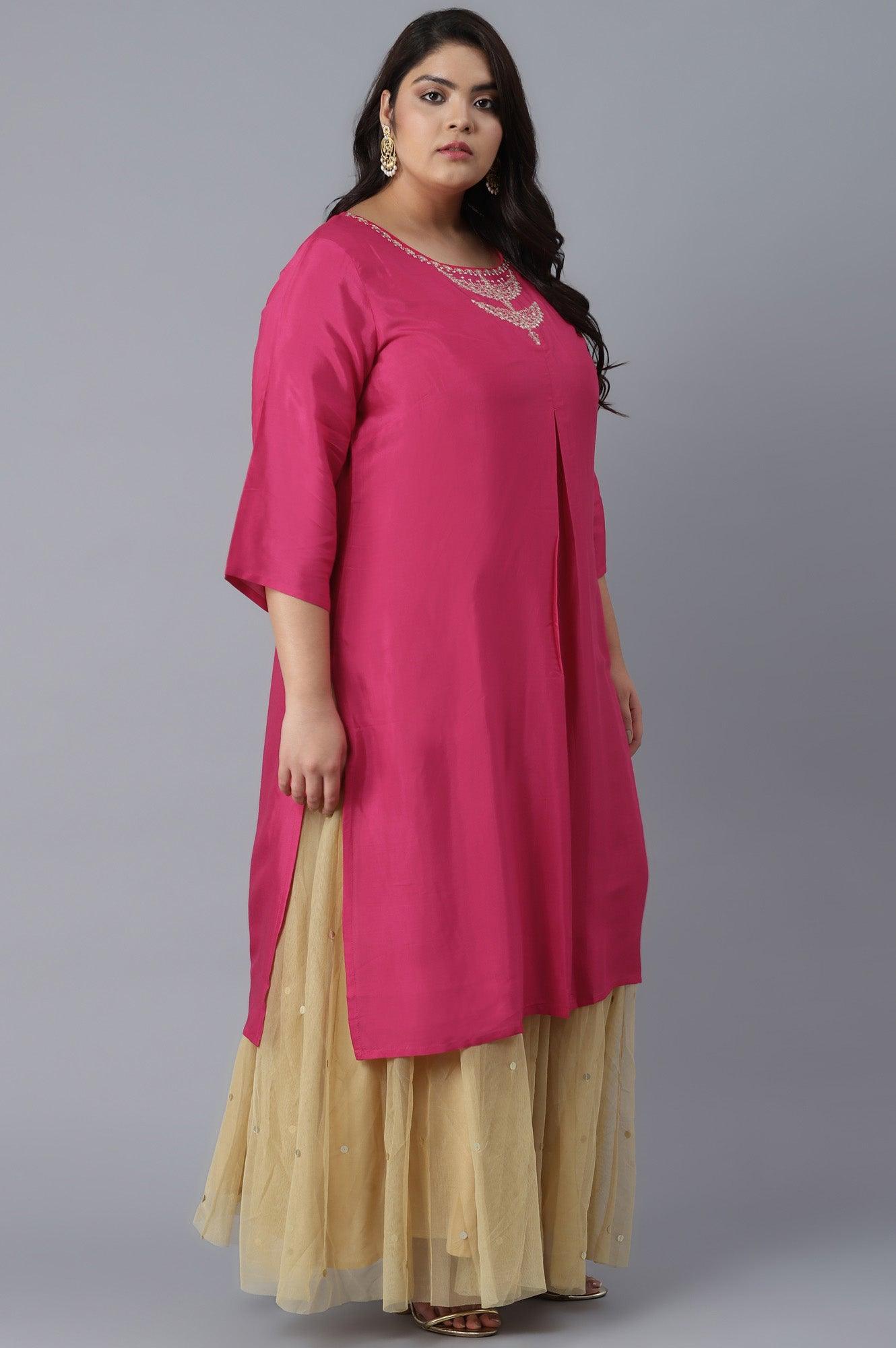 Dark Pink Shantung kurta in Metallic Embroidery - wforwoman