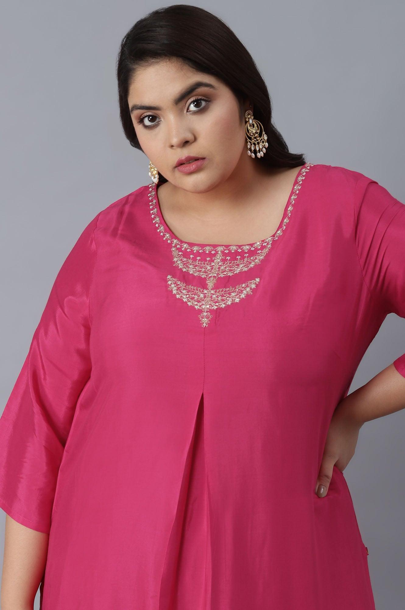 Dark Pink Shantung kurta in Metallic Embroidery - wforwoman