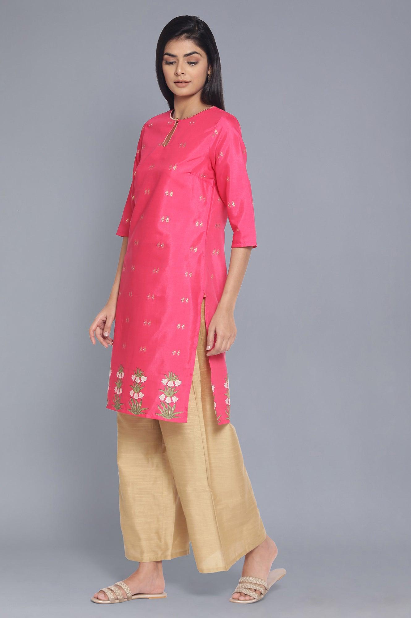 Hot Pink kurta with Floral Gold Foil Print - wforwoman