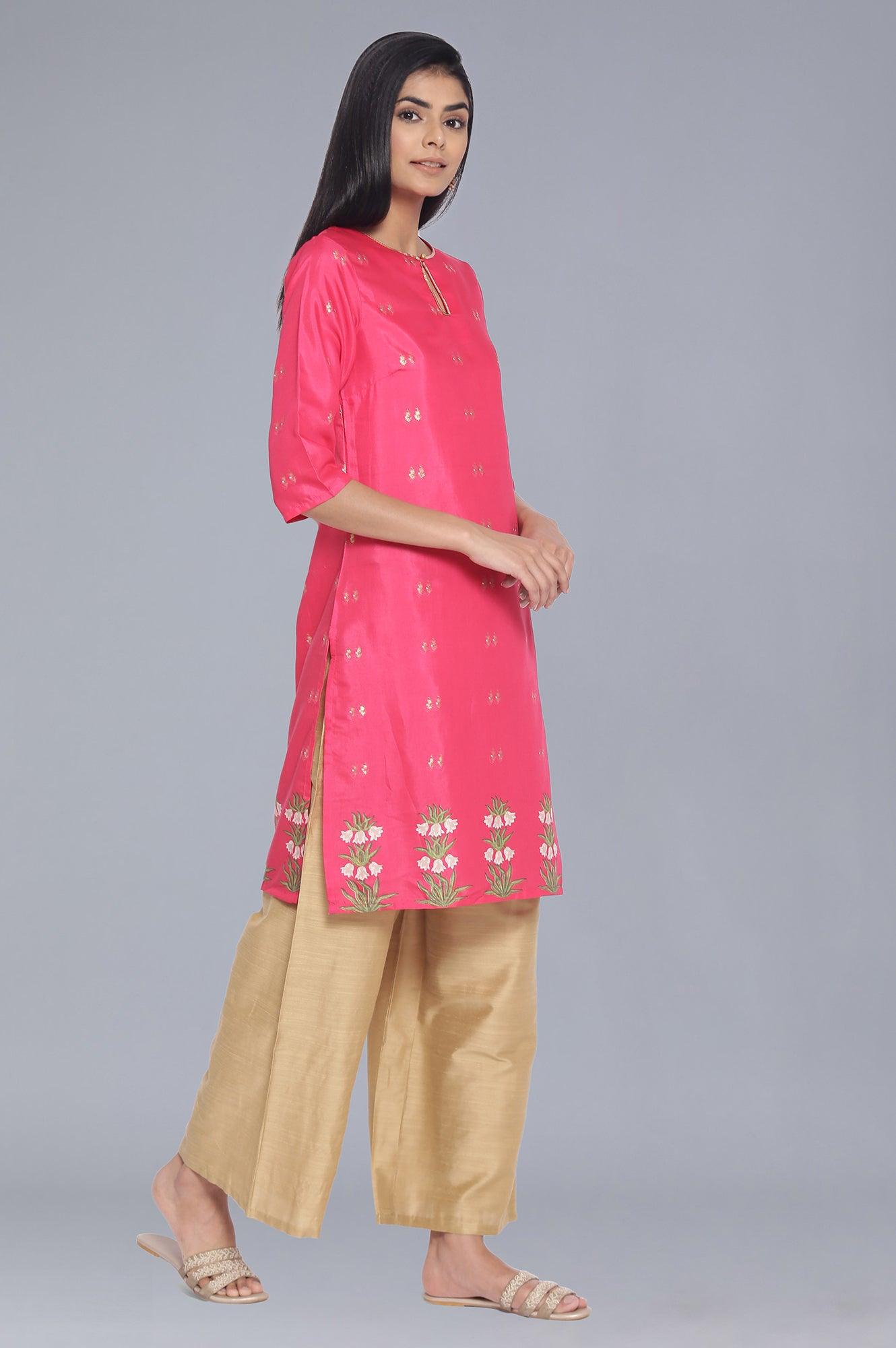 Hot Pink kurta with Floral Gold Foil Print - wforwoman