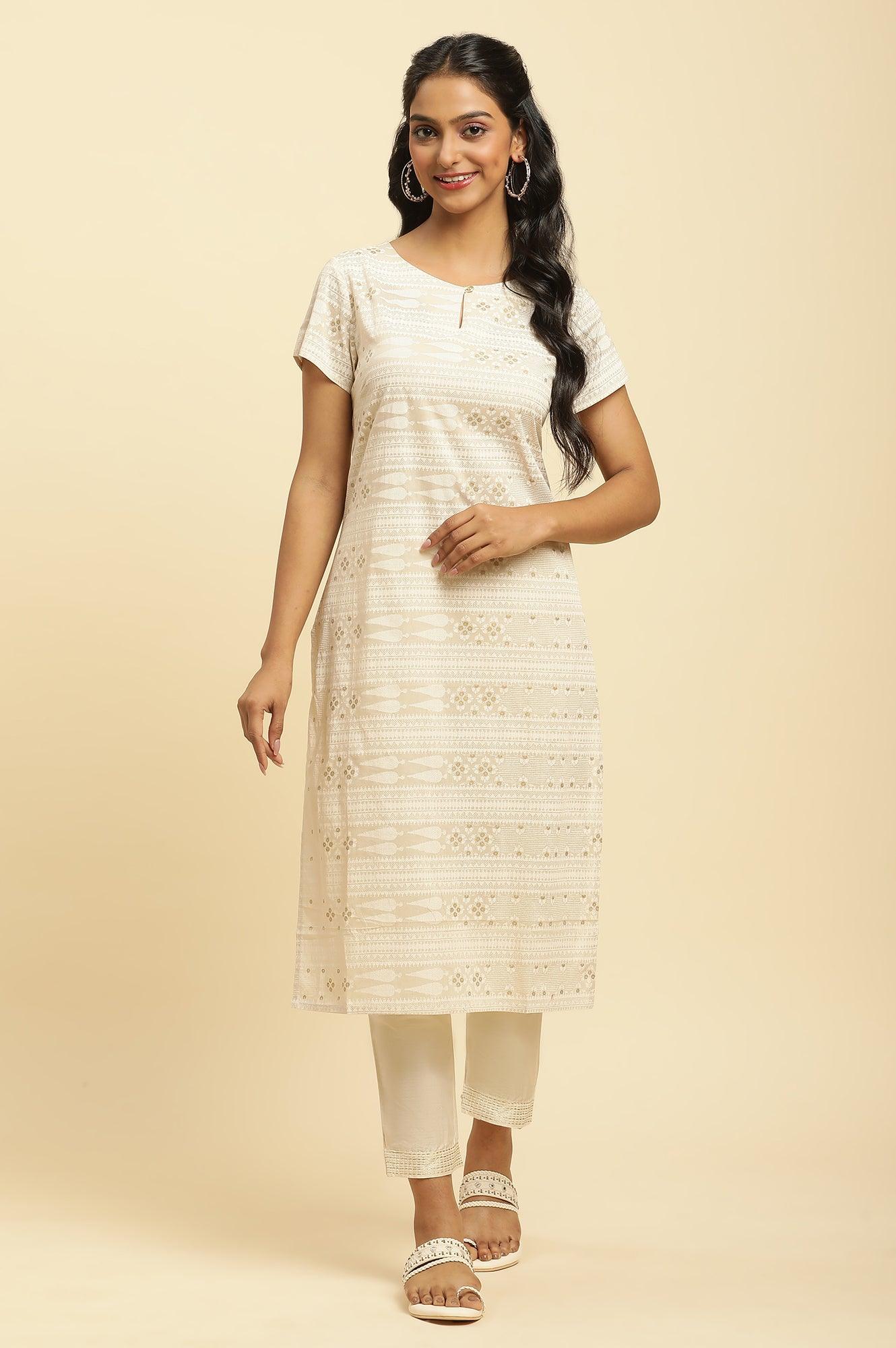 Beige Glitter Printed Straight Kurta - wforwoman