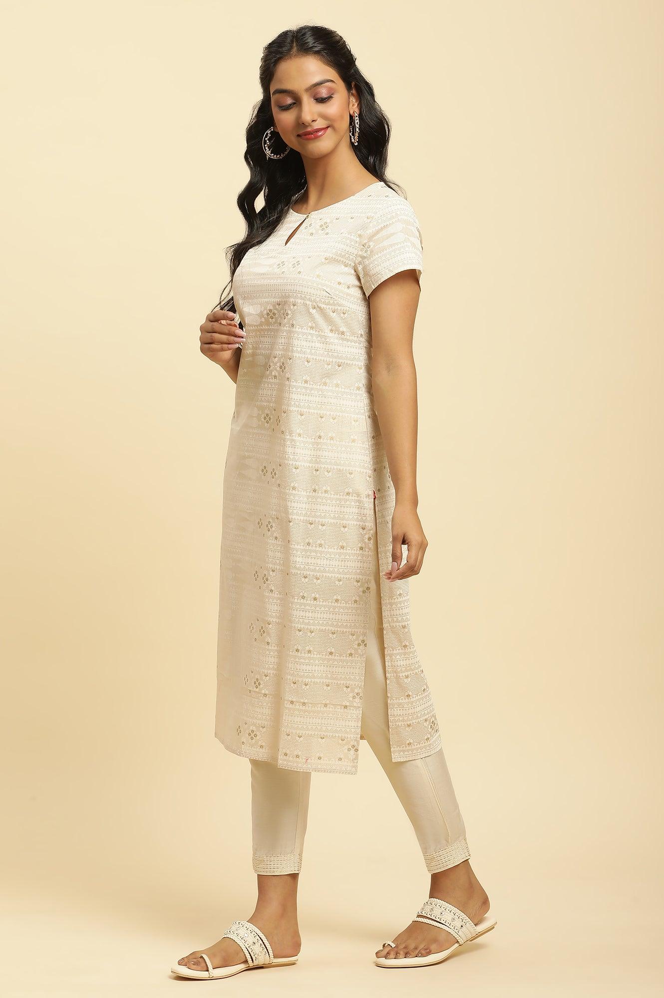 Beige Glitter Printed Straight Kurta - wforwoman