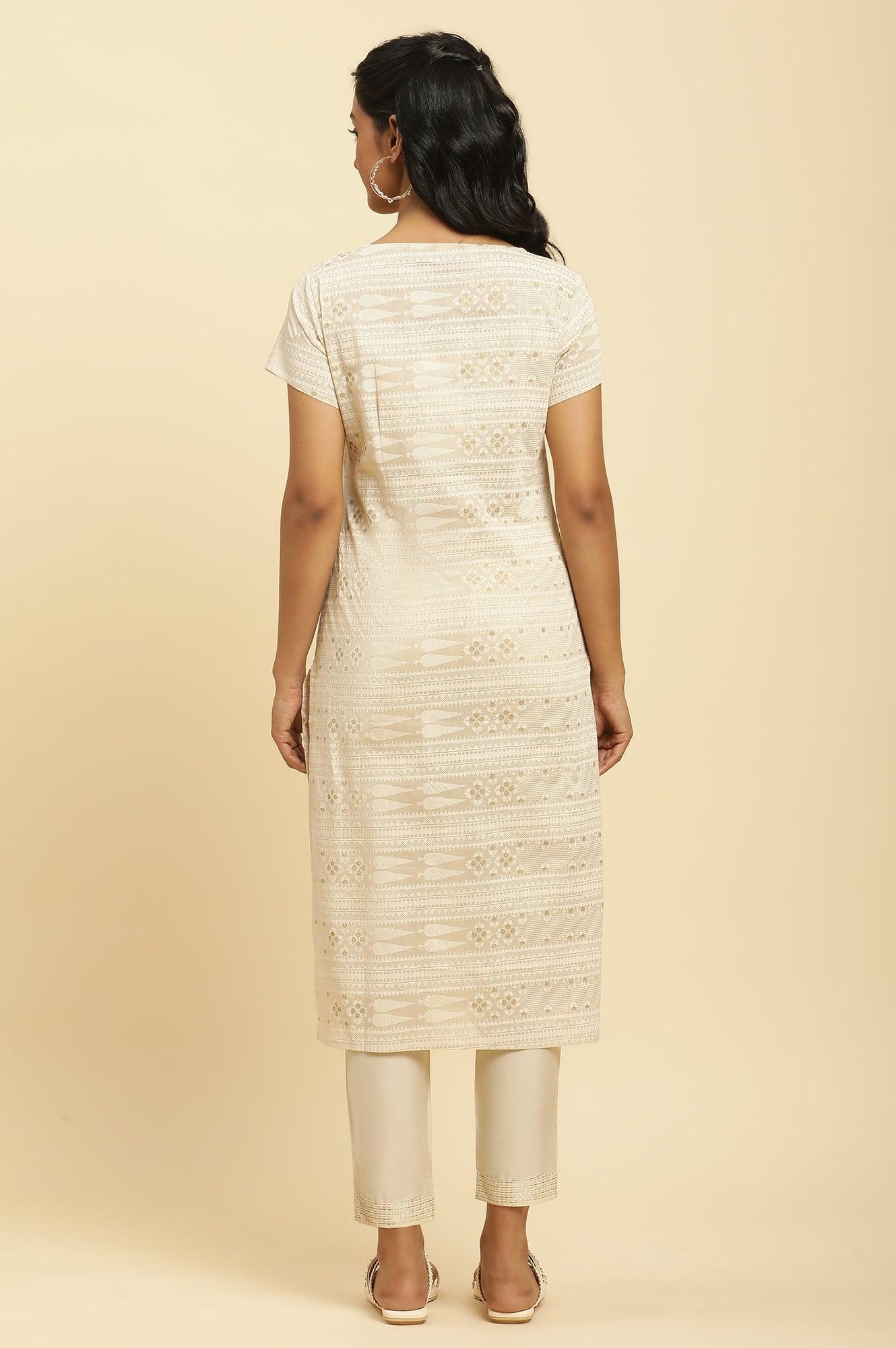 Beige Glitter Printed Straight Kurta - wforwoman