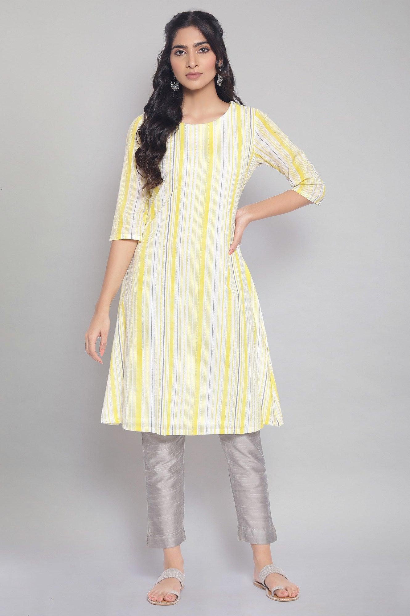 Light Yellow Stripe Printed kurta - wforwoman