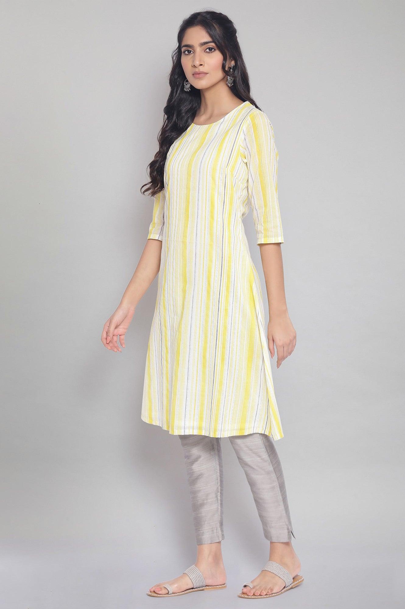 Light Yellow Stripe Printed kurta - wforwoman