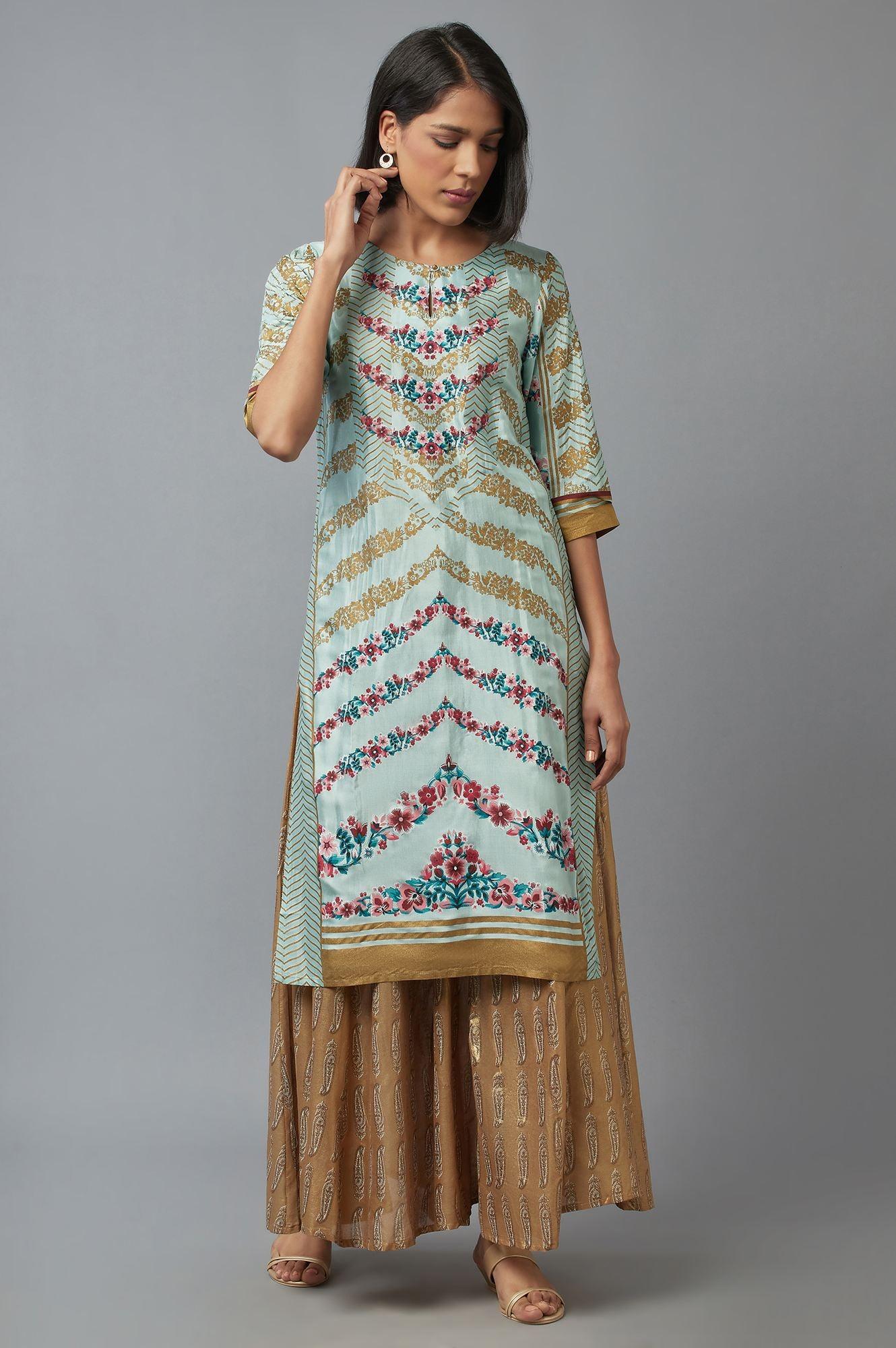 Light Teal Floral Print kurta in Keyhole Neckline - wforwoman