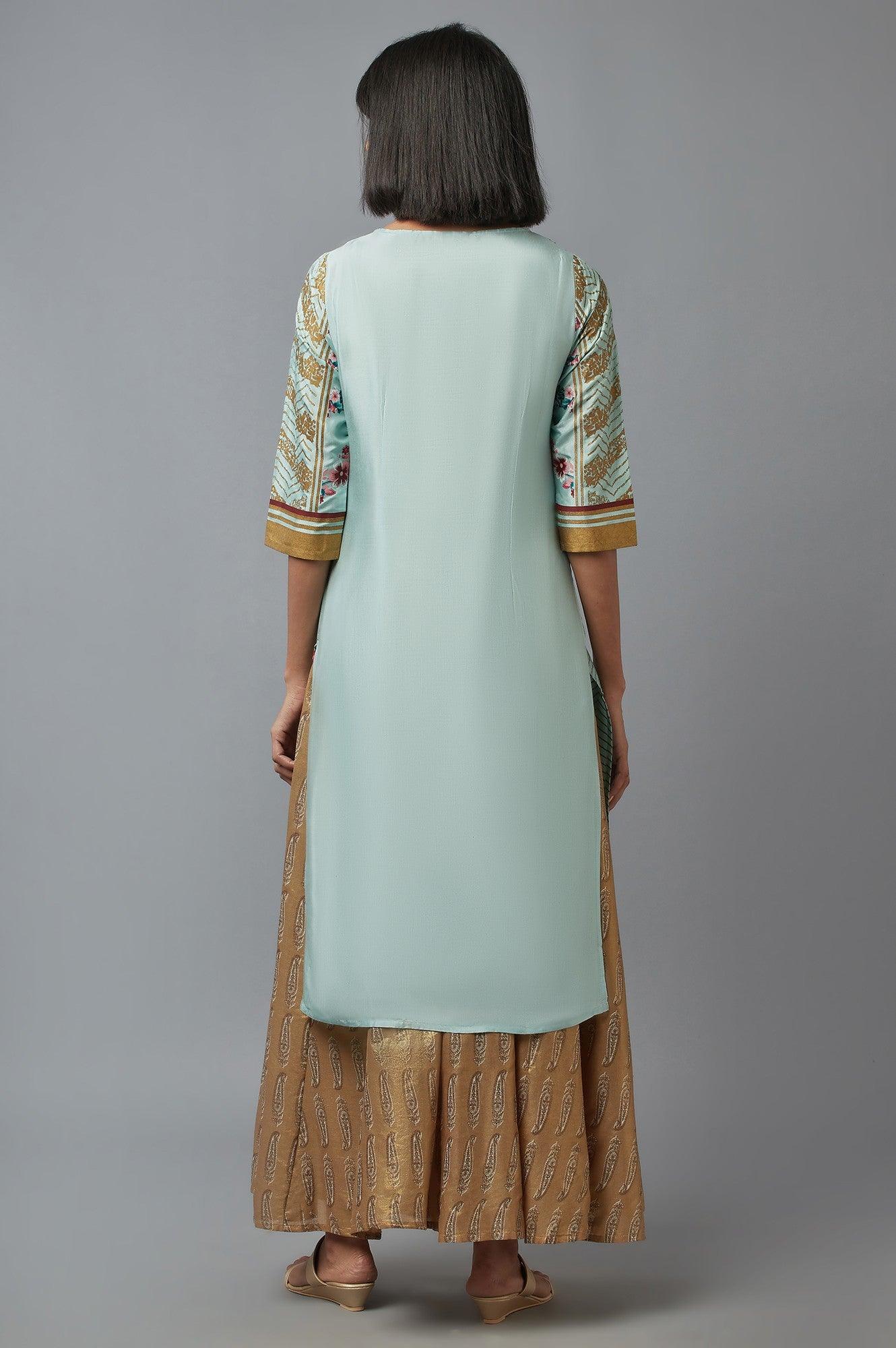 Light Teal Floral Print kurta in Keyhole Neckline - wforwoman