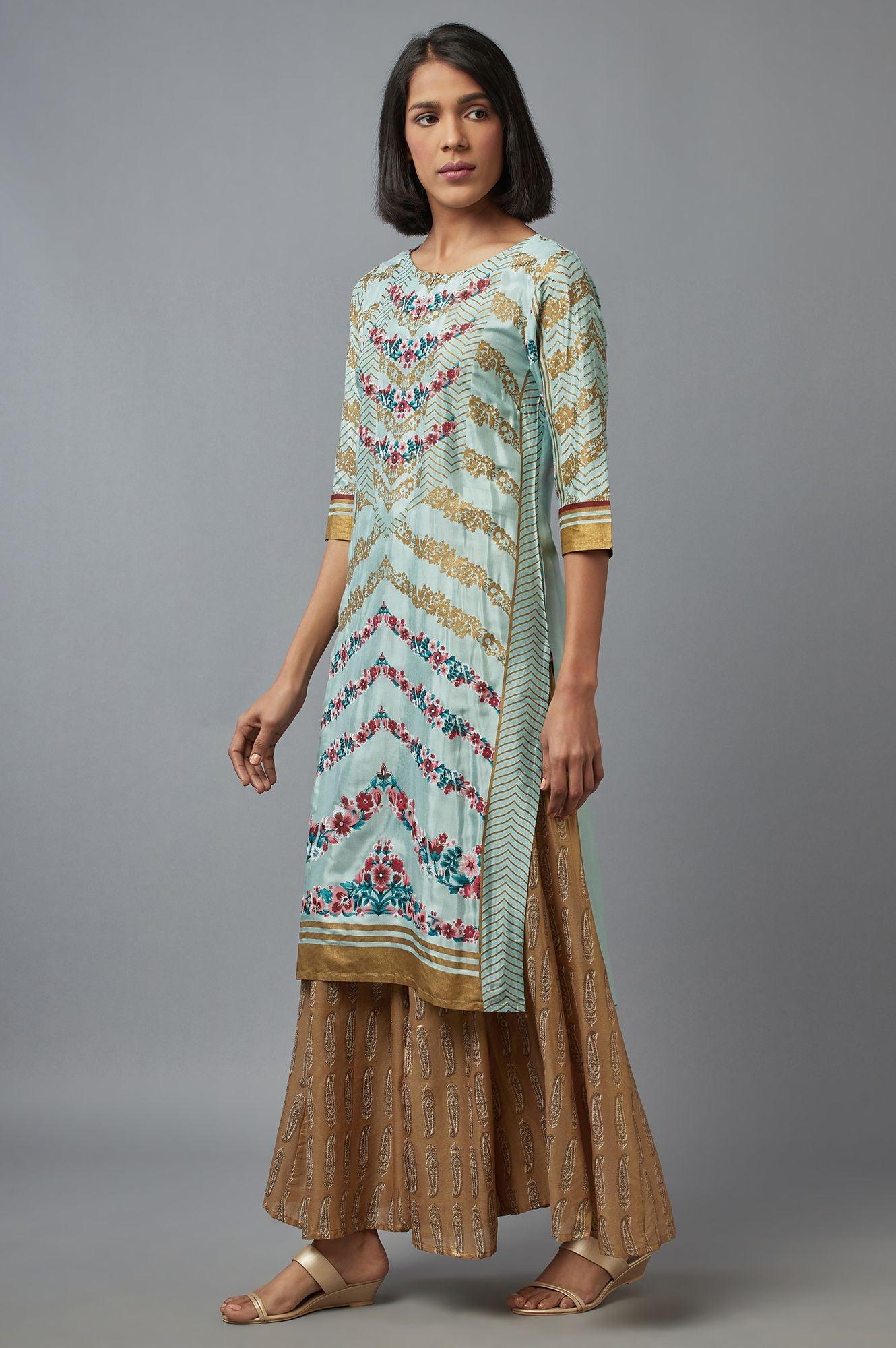 Light Teal Floral Print kurta in Keyhole Neckline - wforwoman