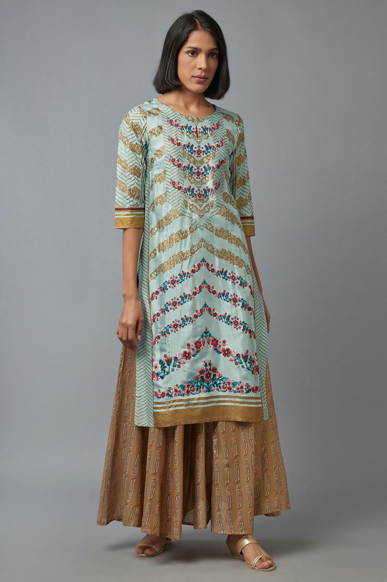Light Teal Floral Print kurta in Keyhole Neckline - wforwoman
