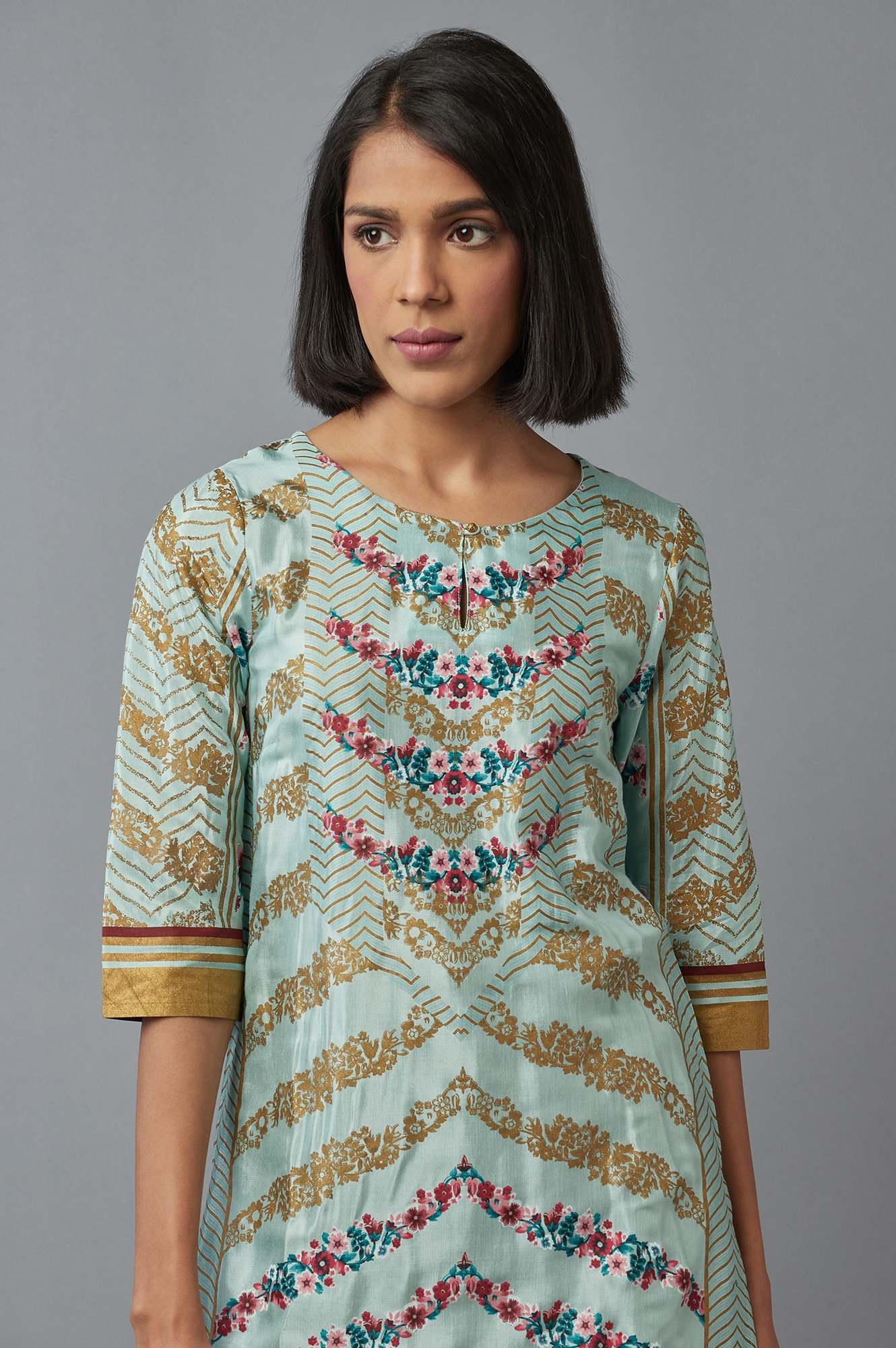 Light Teal Floral Print kurta in Keyhole Neckline - wforwoman