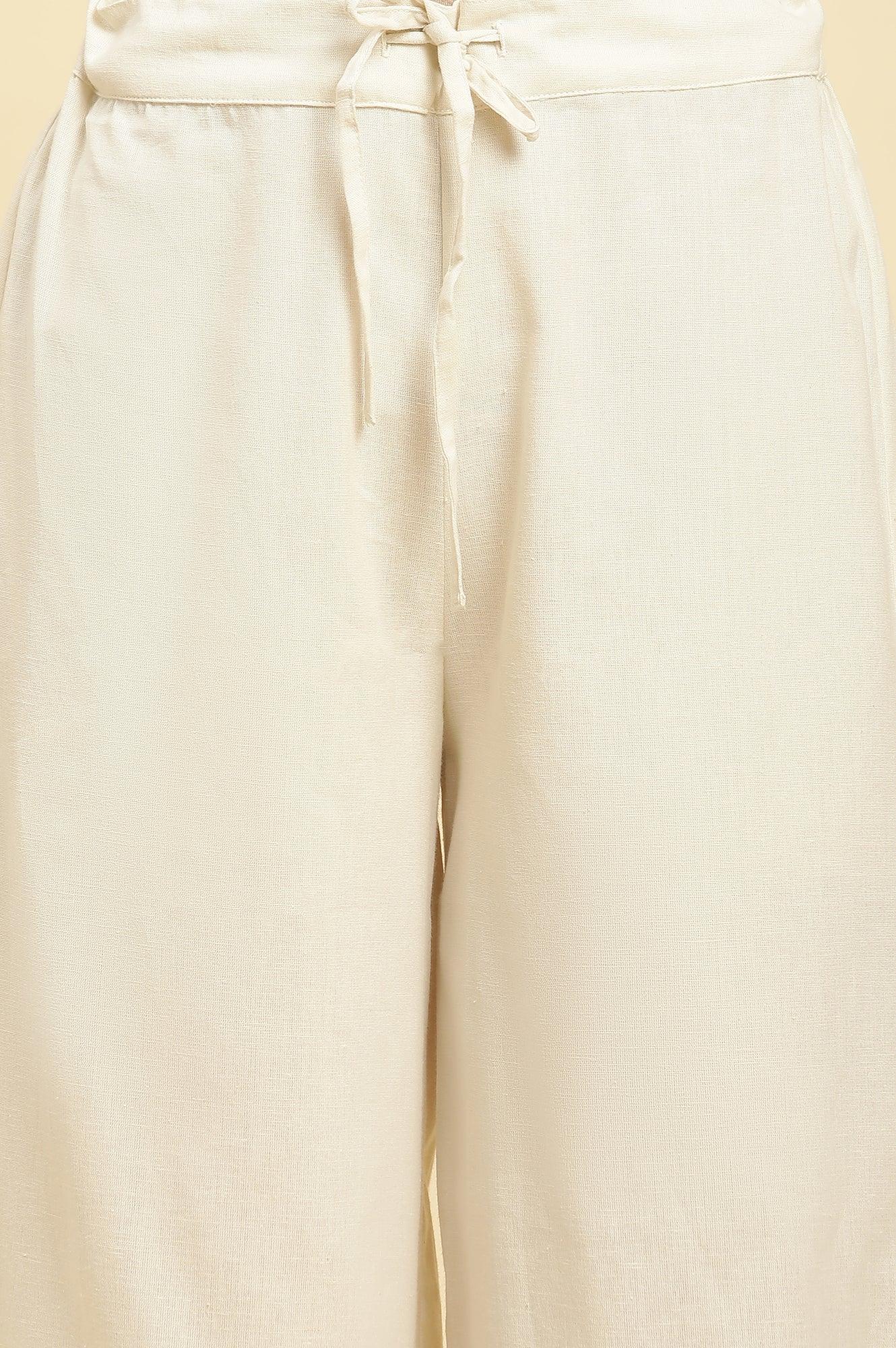 Off White Thread Embroidered And Side Stripe Kurta And Pants Set - wforwoman