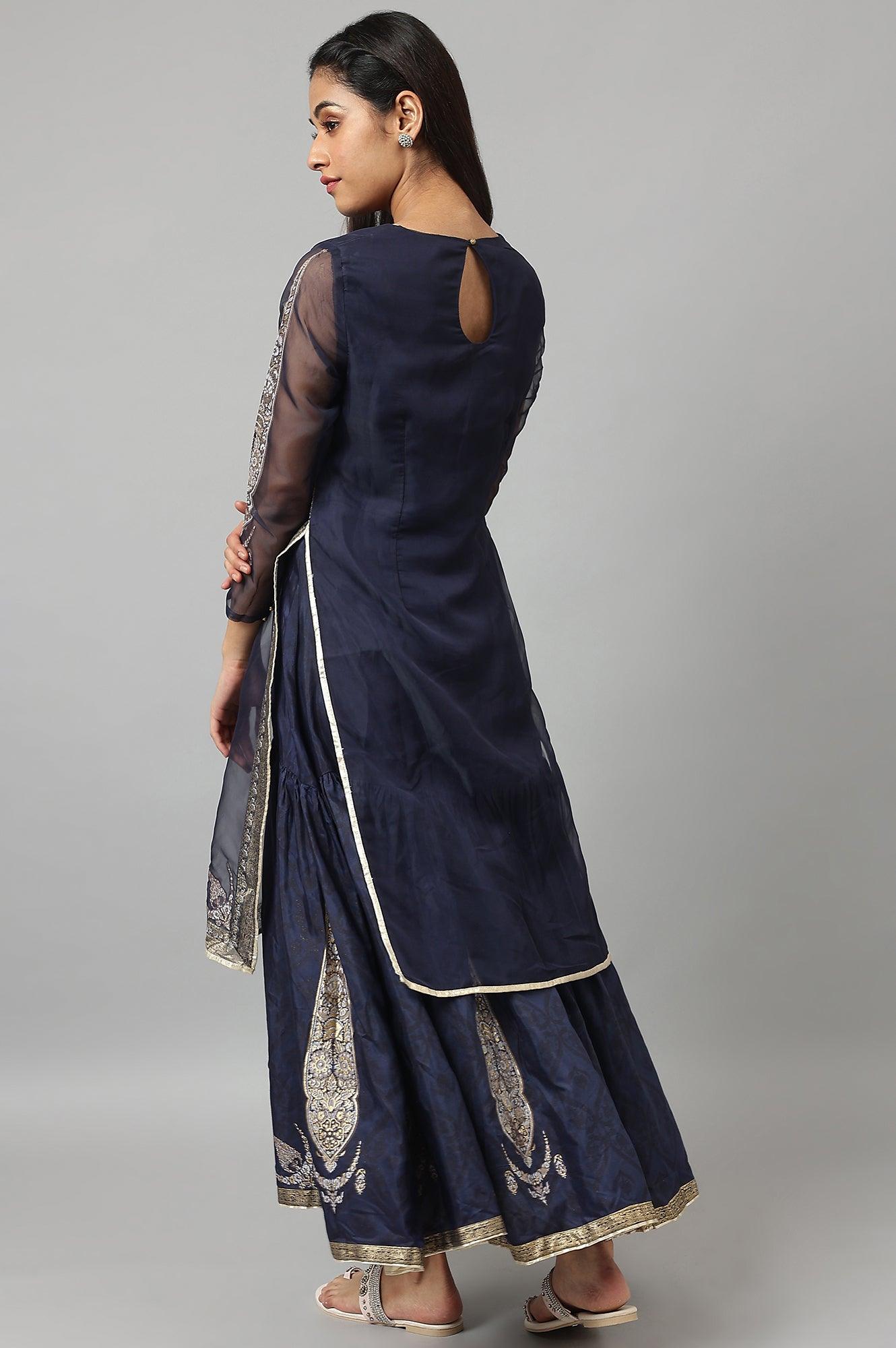 Navy Blue Organza Layered Dress - wforwoman