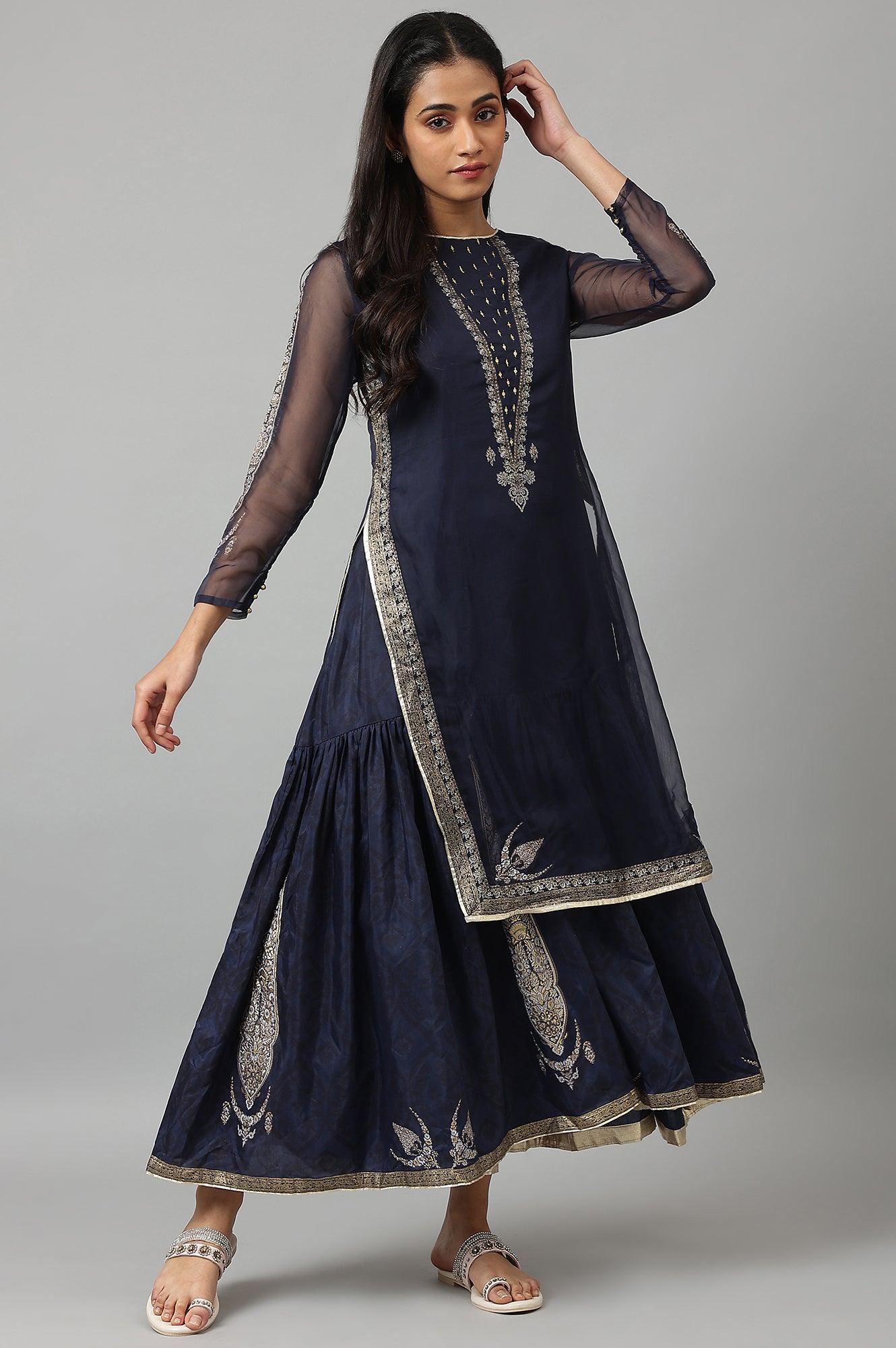 Navy Blue Organza Layered Dress - wforwoman
