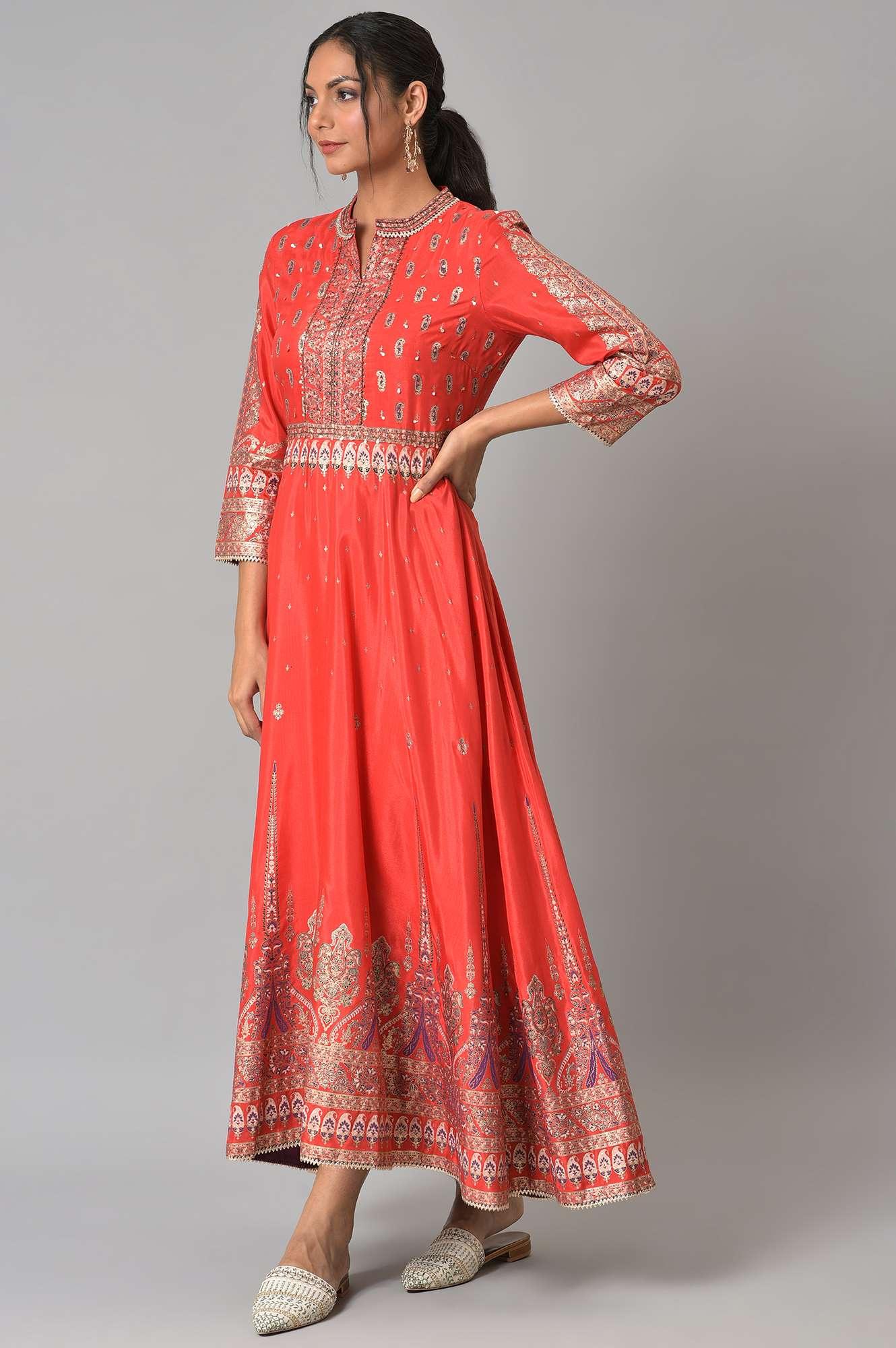 Tomato Red Festive Mughal Gown - wforwoman