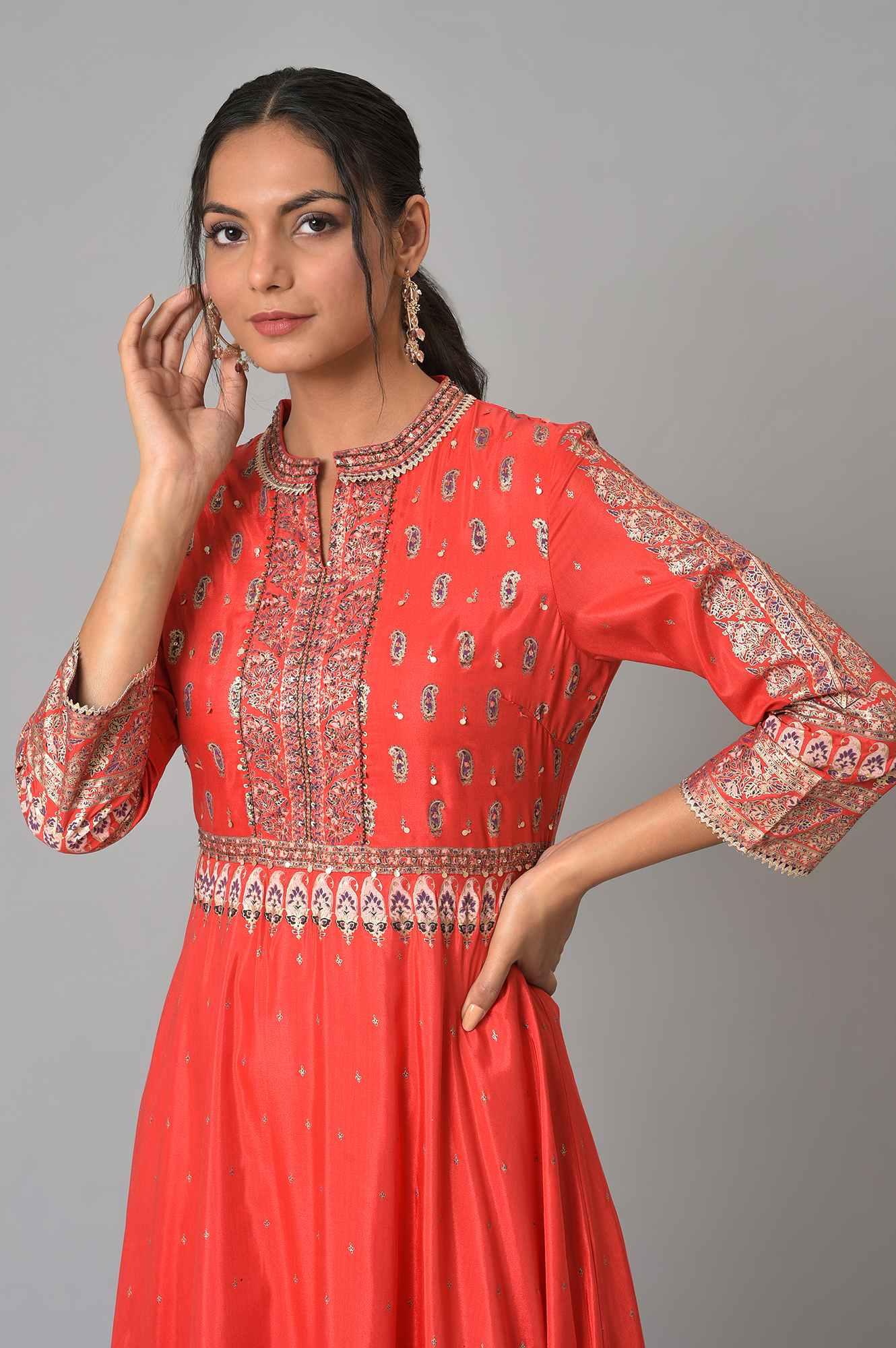 Tomato Red Festive Mughal Gown - wforwoman