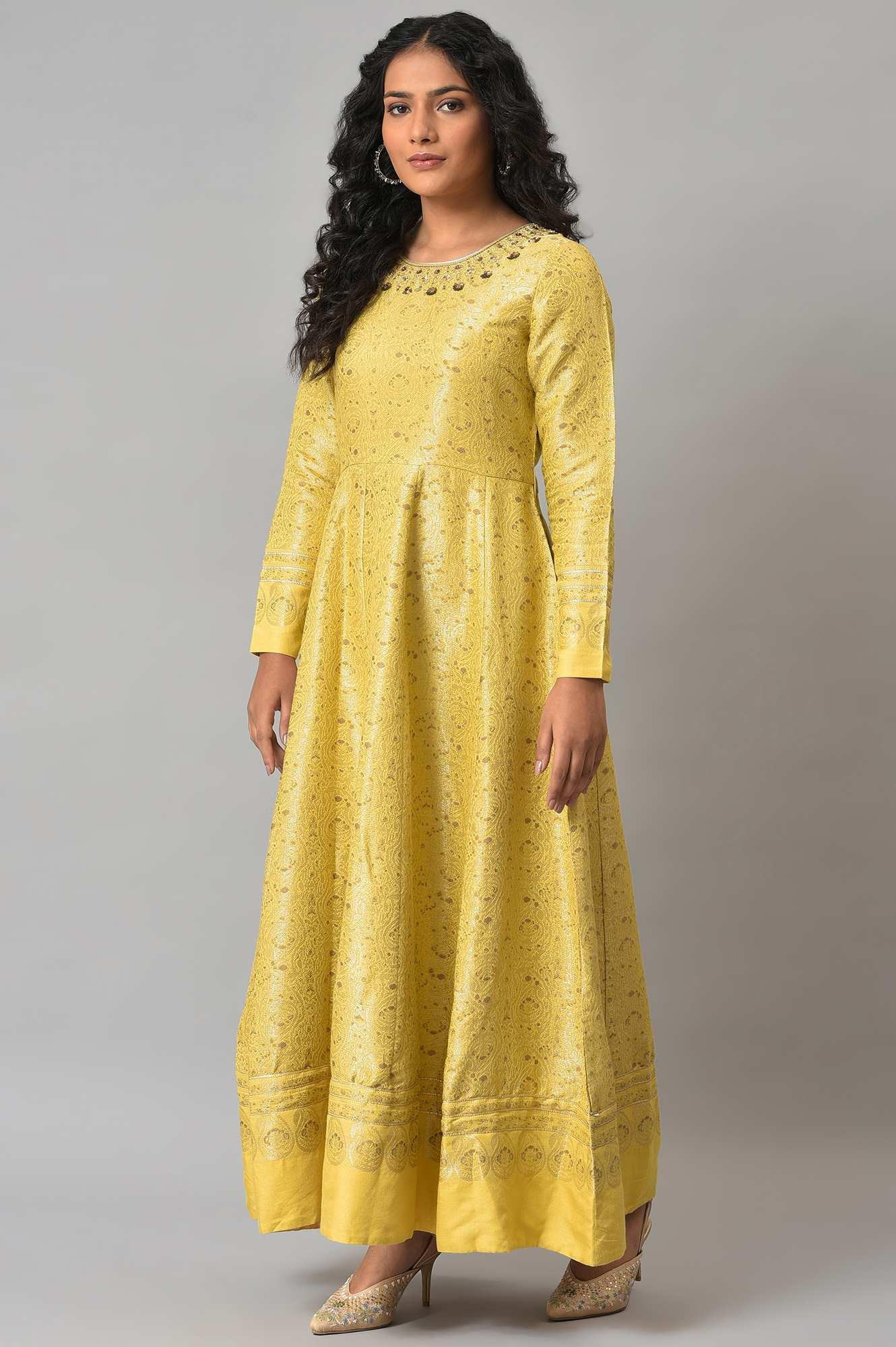 Yellow Paisley Printed Anarkali Indie Dress - wforwoman