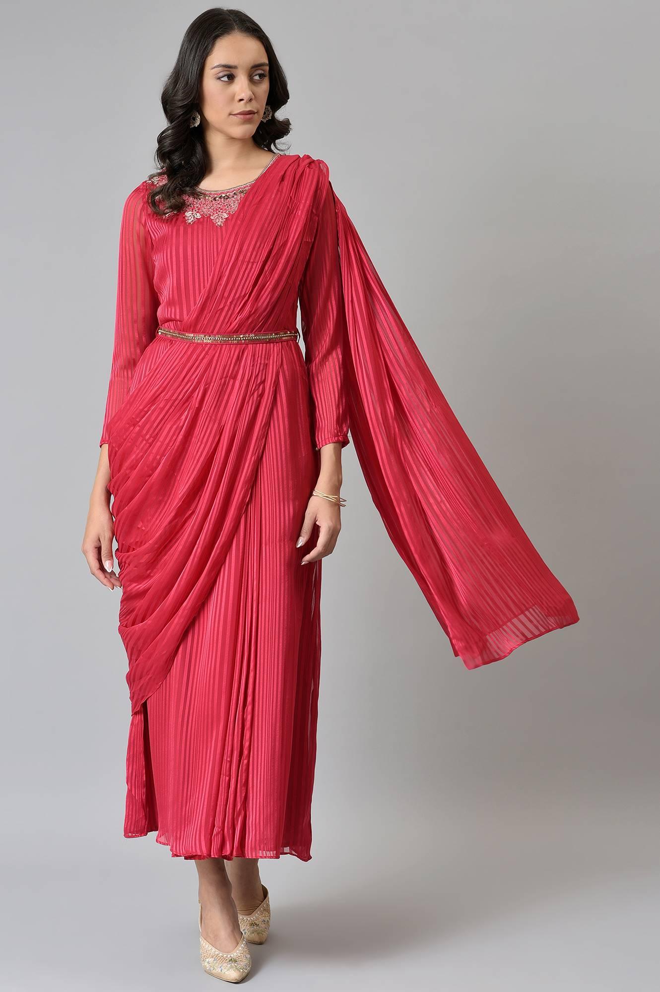 Coral Red Embroidered Predape Saree Dress - wforwoman