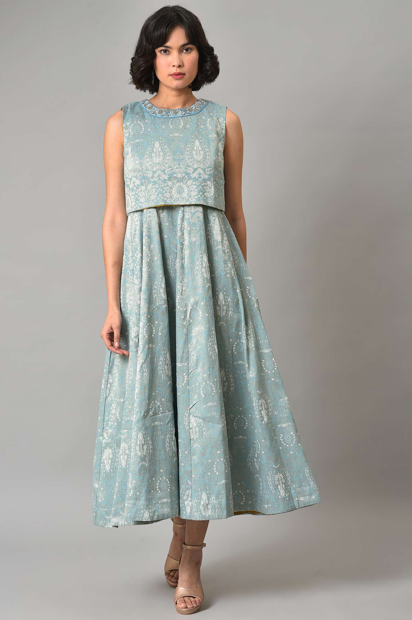 Light Blue Embroidered Cape Cocktail Dress XS