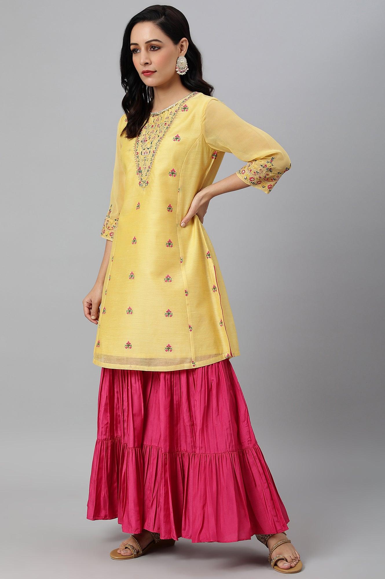 Yellow Chanderi kurta With Tiered Sharara And Dupatta - wforwoman