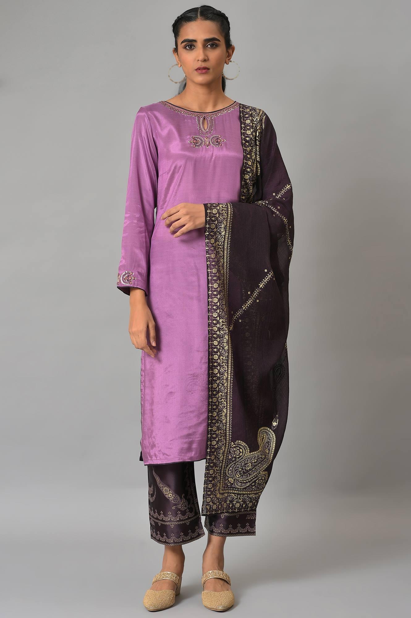 Light Purple Embroidered kurta, Pants & Chiffon Dupatta - wforwoman