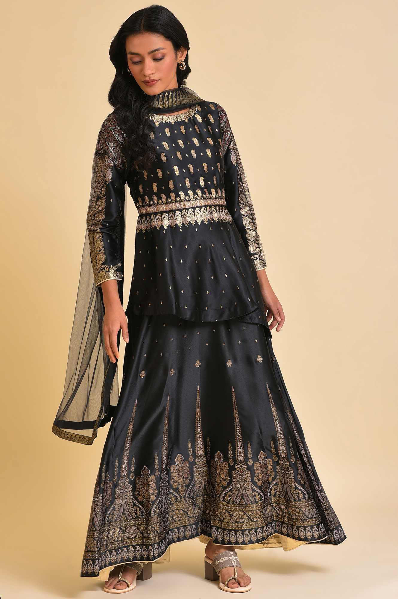 Buy Black Satin Embellished Top With Skirt And Dupatta 7999 W