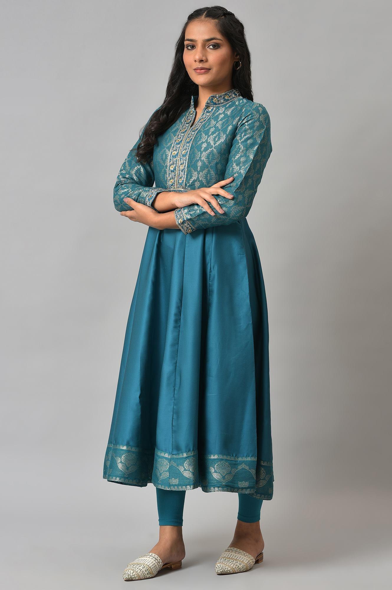 Teal Embroidered Anarkali Mughal Gown With Tights - wforwoman