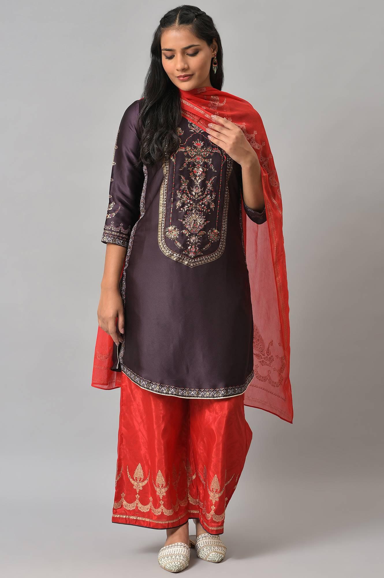 Purple Japanese Satin Short kurta With Red Parallel Pants And Dupatta - wforwoman