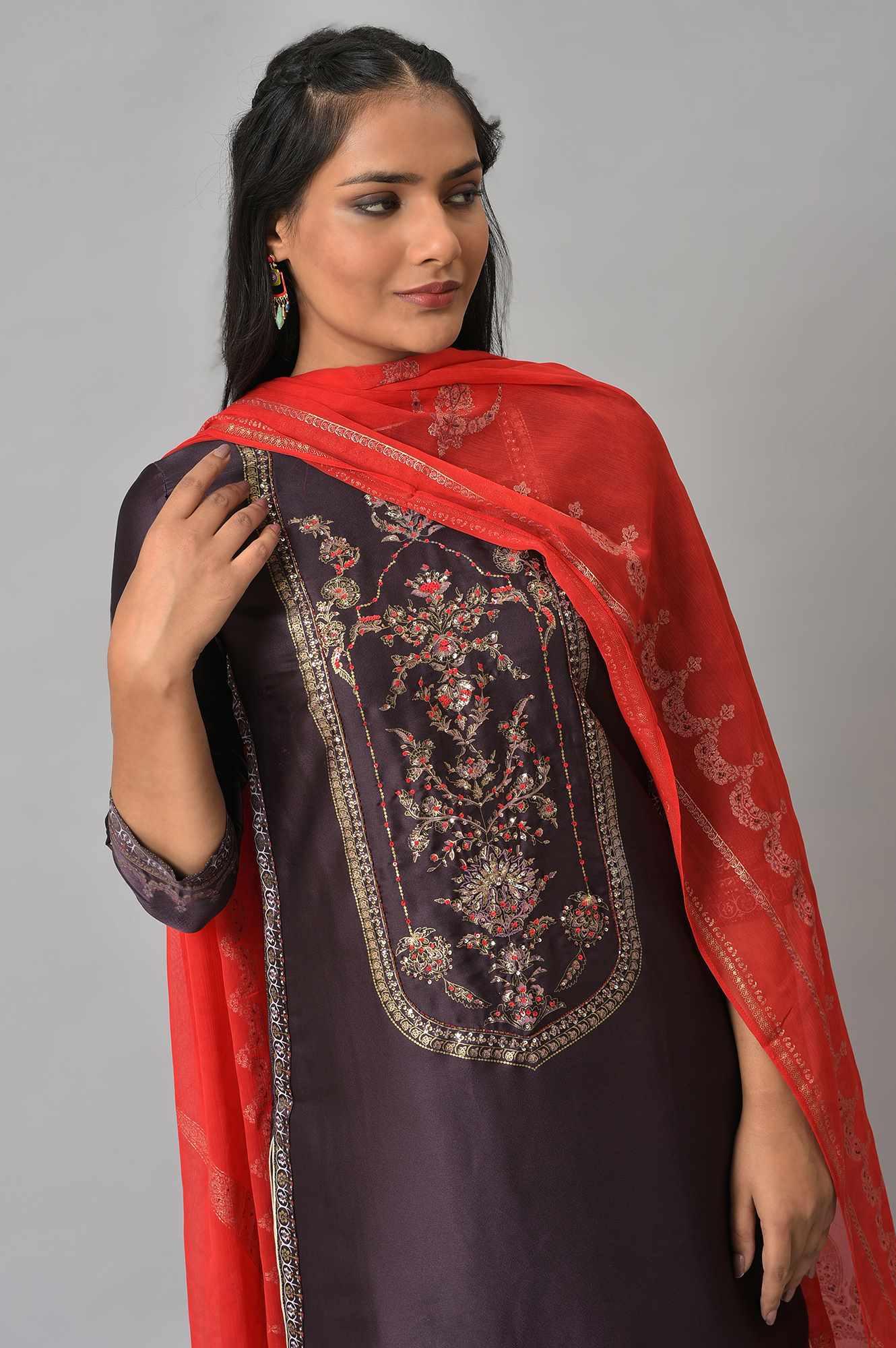 Purple Japanese Satin Short kurta With Red Parallel Pants And Dupatta - wforwoman