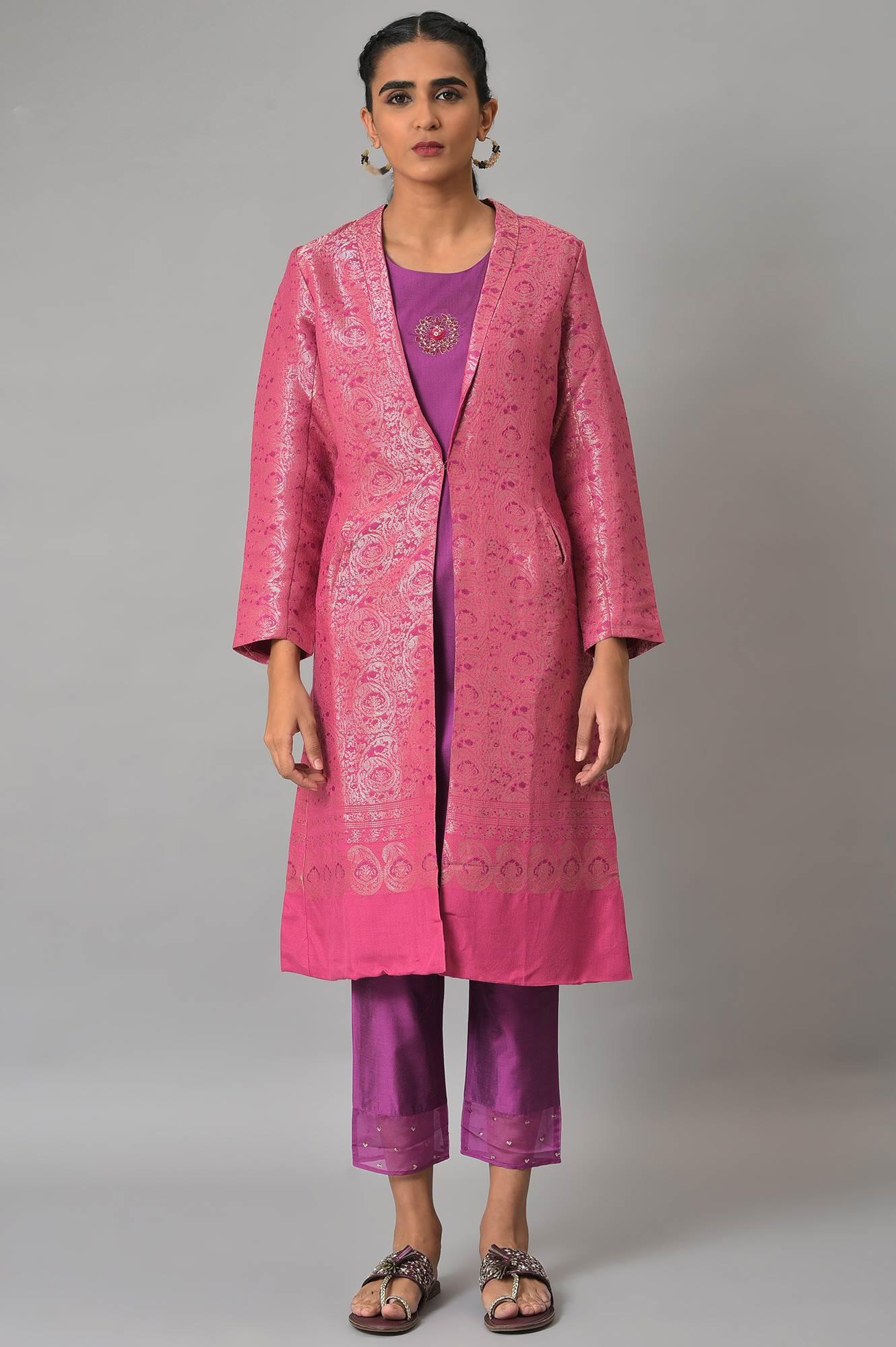 Pink Jacquard Jacket, Purple kurta & Pant Suit Set - wforwoman