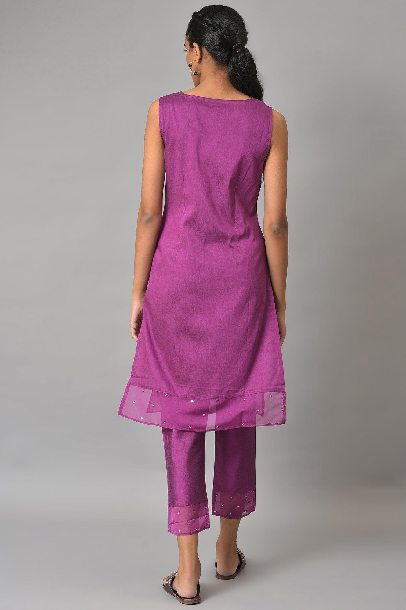 Pink Jacquard Jacket, Purple kurta & Pant Suit Set - wforwoman